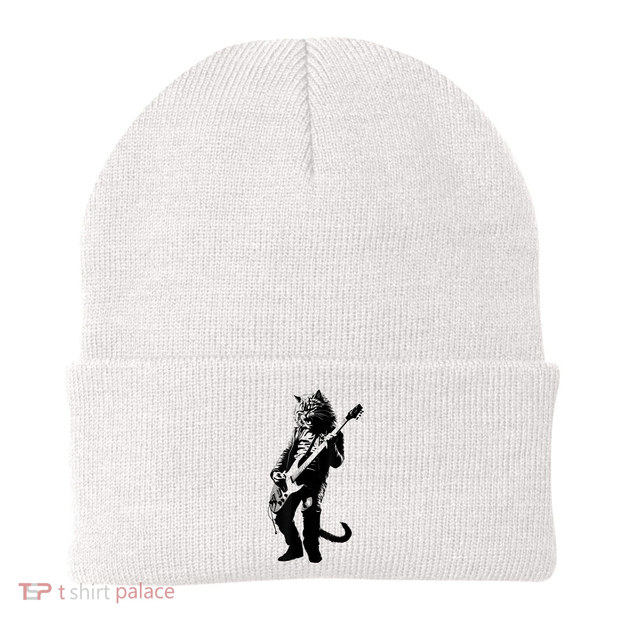 Rock Cat Playing Guitar Funny Guitar Cat Beanie