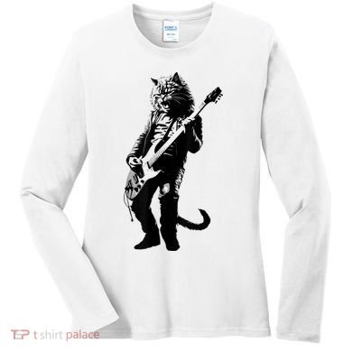 Rock Cat Playing Guitar Funny Guitar Cat Women's Long Sleeve Shirt