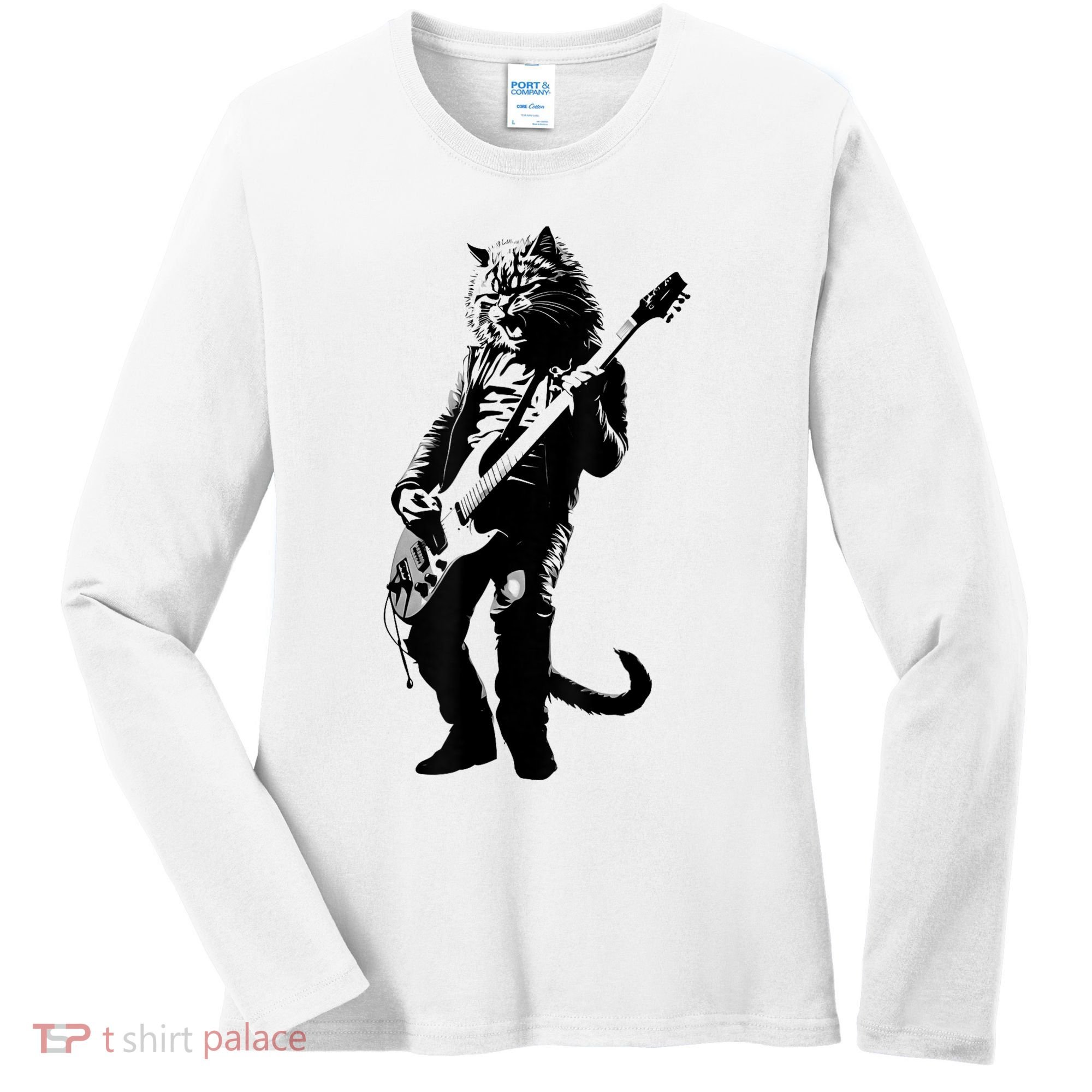 Rock Cat Playing Guitar Funny Guitar Cat Women's Long Sleeve Shirt