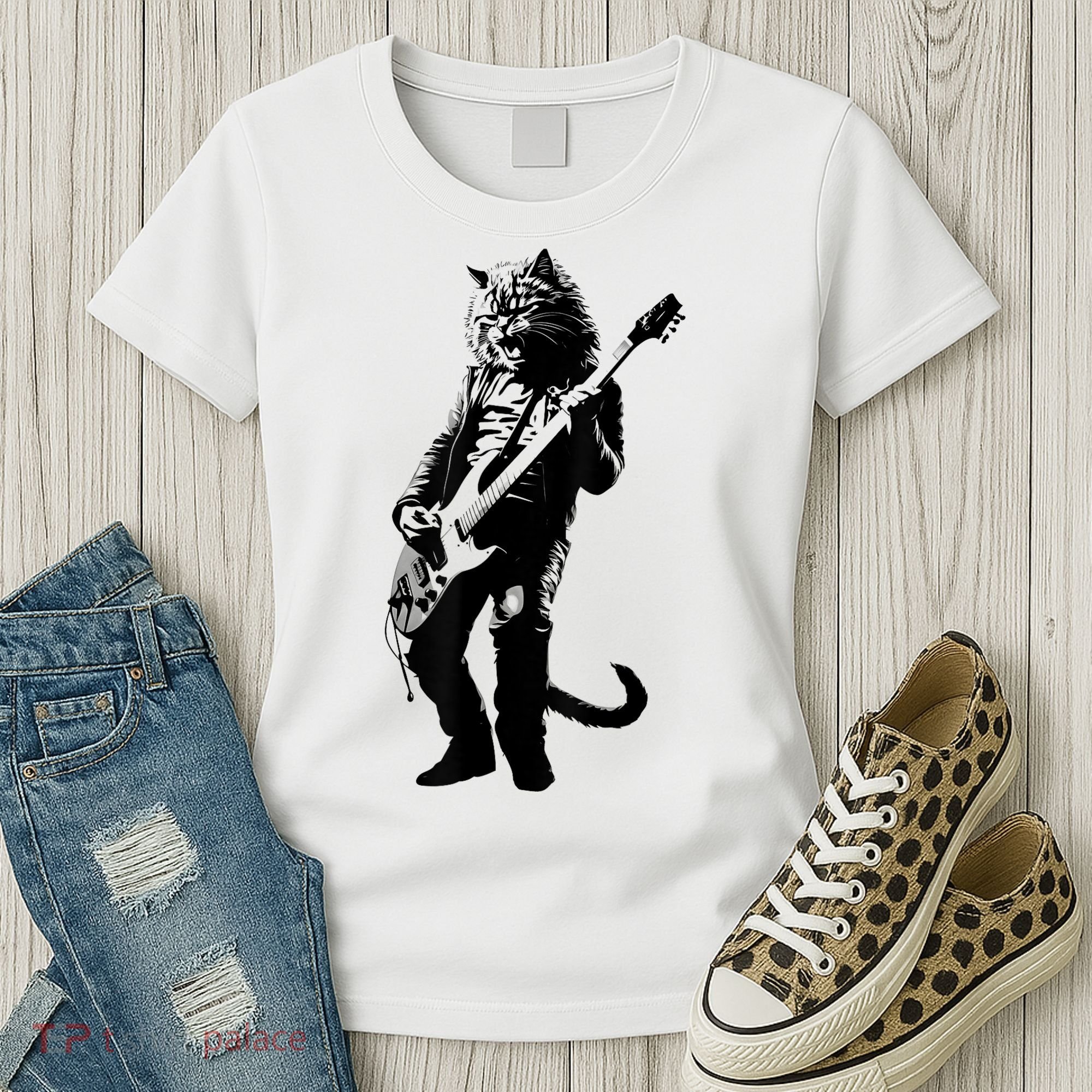 Rock Cat Playing Guitar Funny Guitar Cat Women's T-Shirt