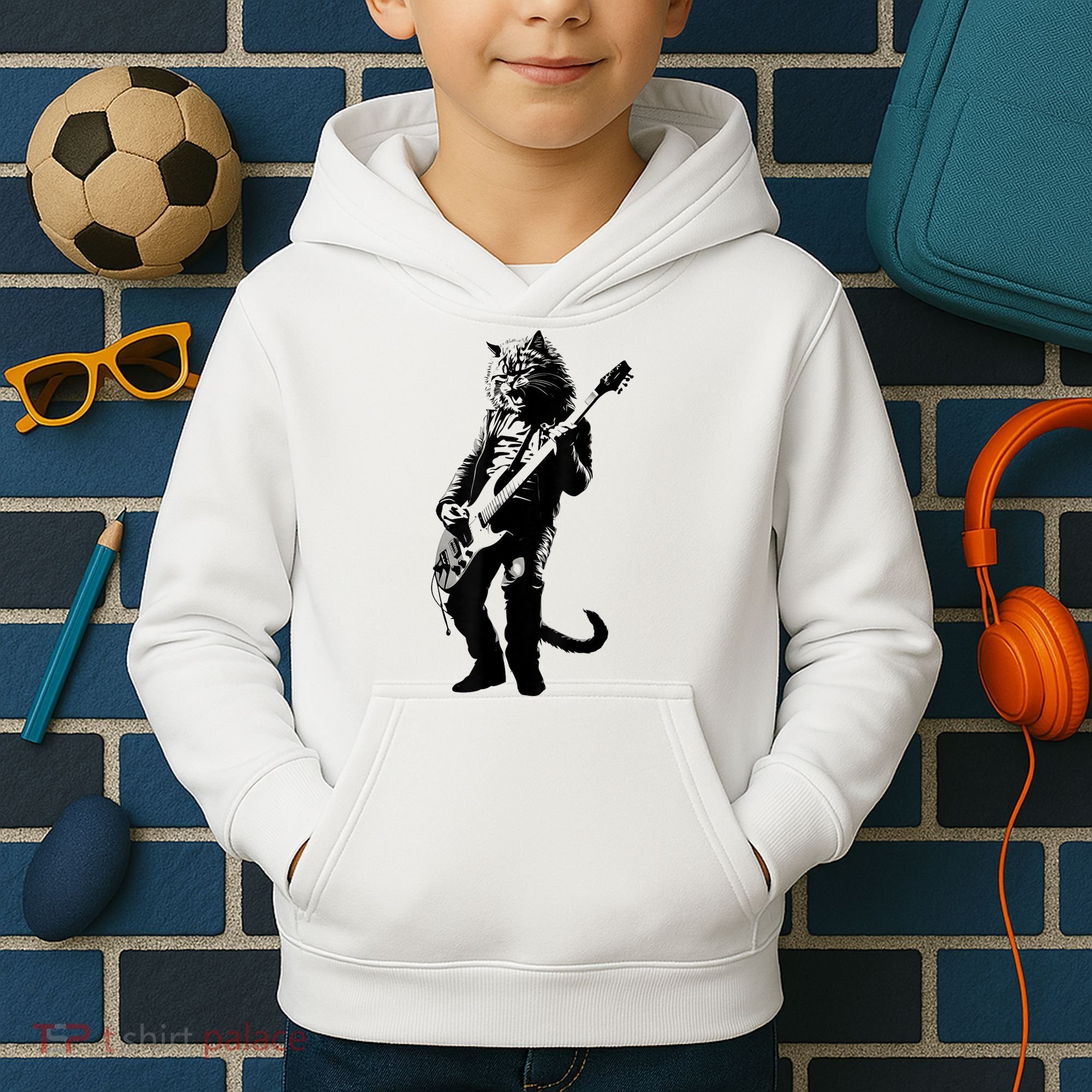 Rock Cat Playing Guitar Funny Guitar Cat Kids Hoodie