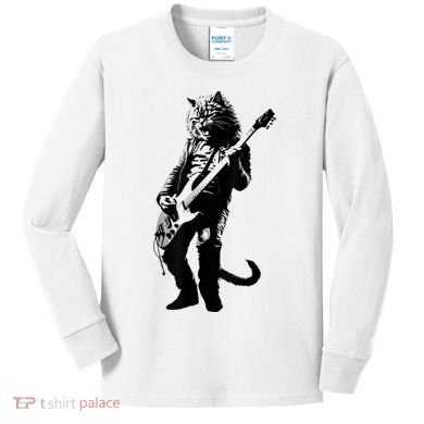 Rock Cat Playing Guitar Funny Guitar Cat Kids Long Sleeve Shirt
