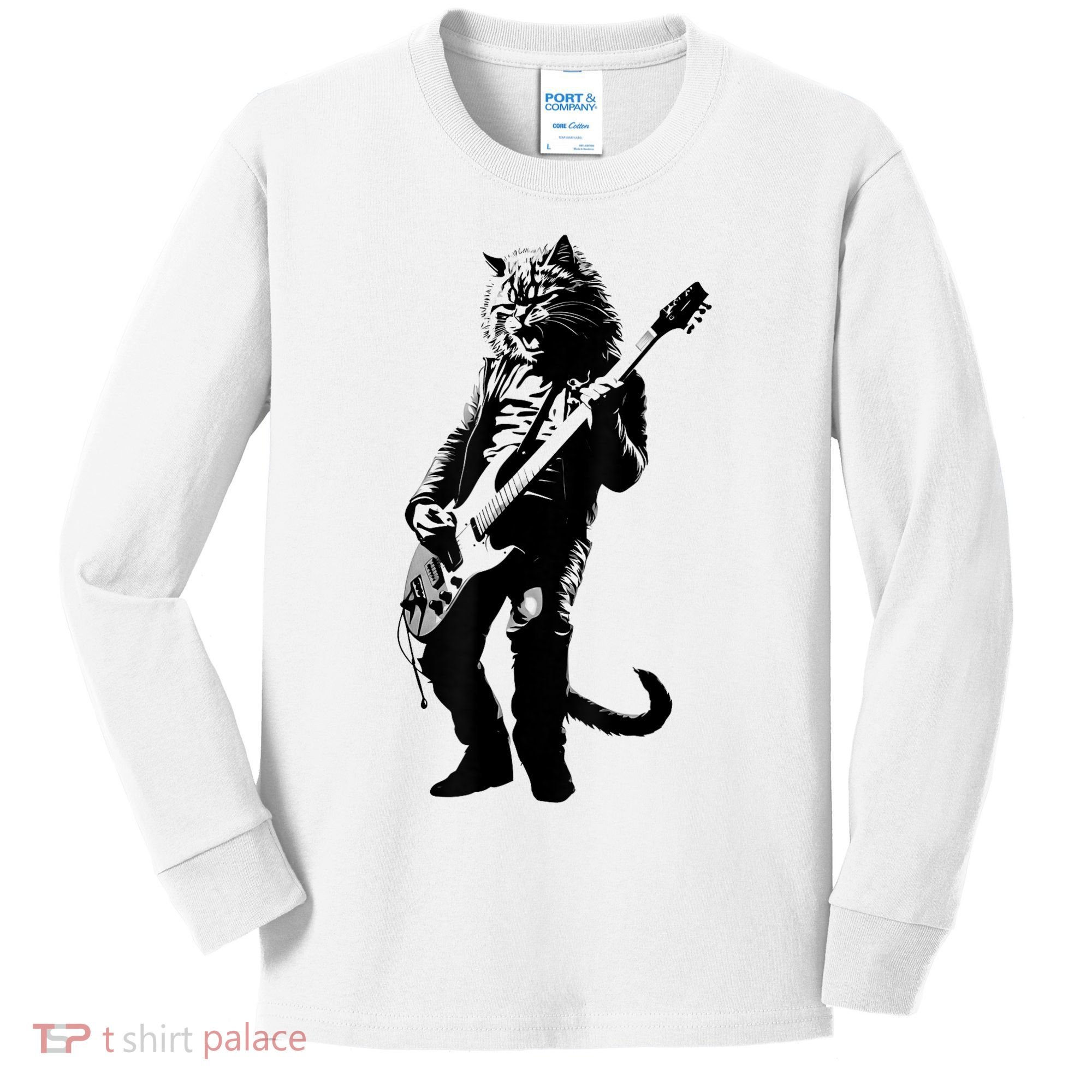 Rock Cat Playing Guitar Funny Guitar Cat Kids Long Sleeve Shirt