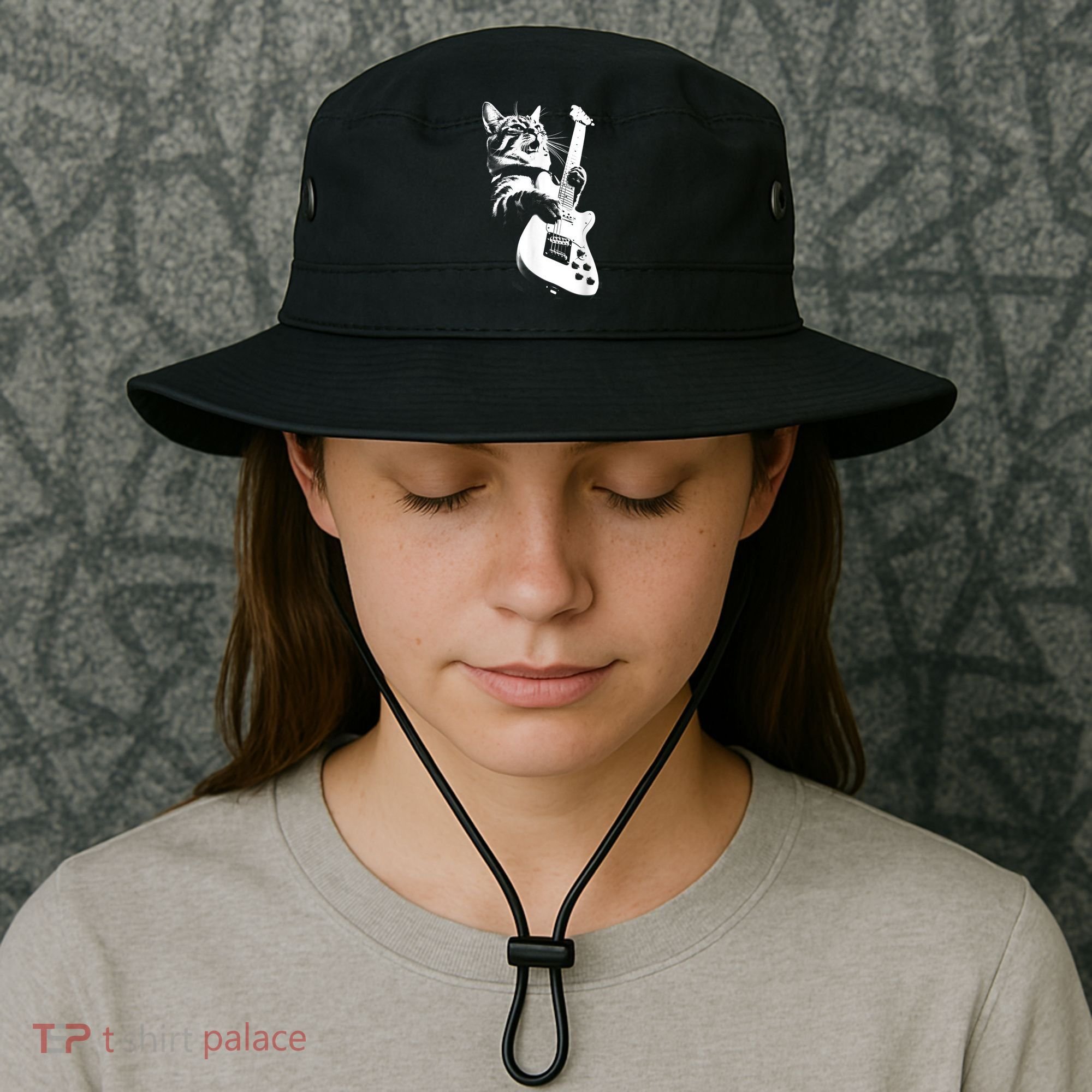 Rock Cat Playing Guitar Funny Guitar Cat Bucket Hat