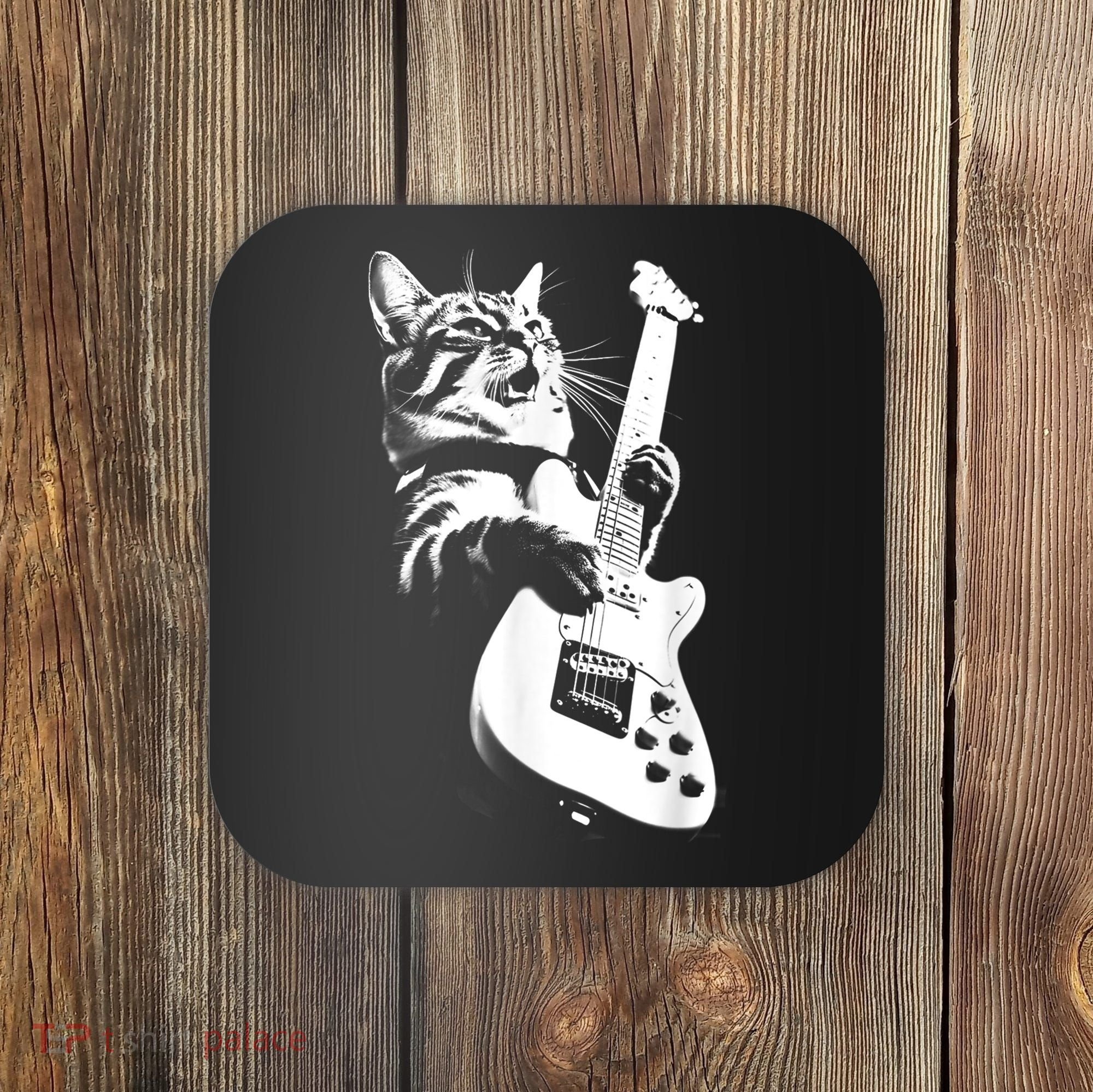 Rock Cat Playing Guitar Funny Guitar Cat Coaster