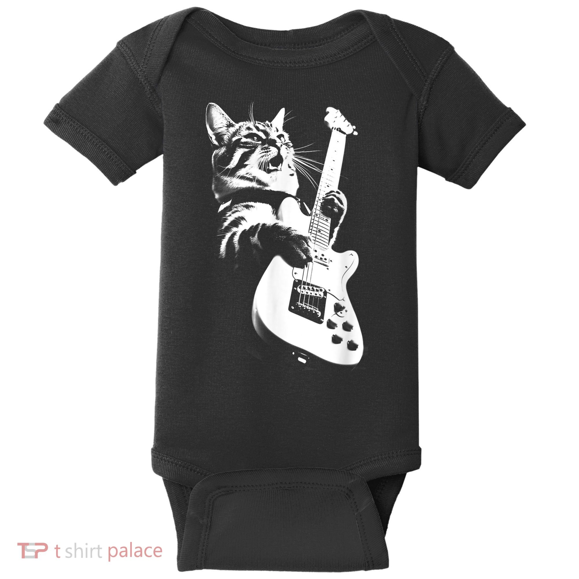 Rock Cat Playing Guitar Funny Guitar Cat Baby Bodysuit