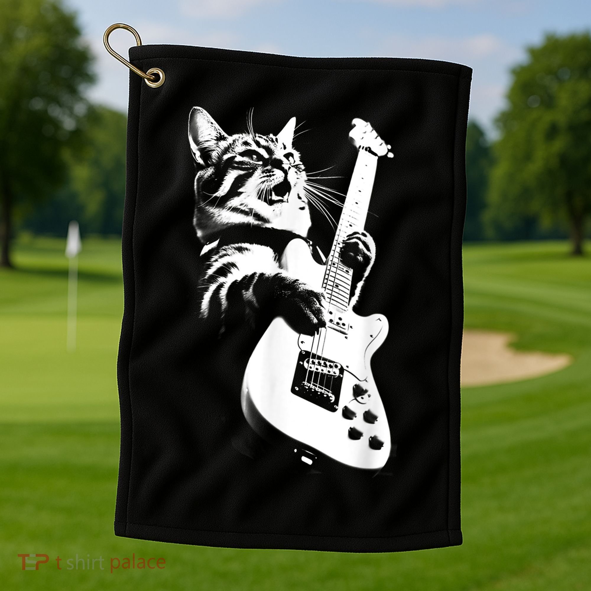 Rock Cat Playing Guitar Funny Guitar Cat Golf Towel