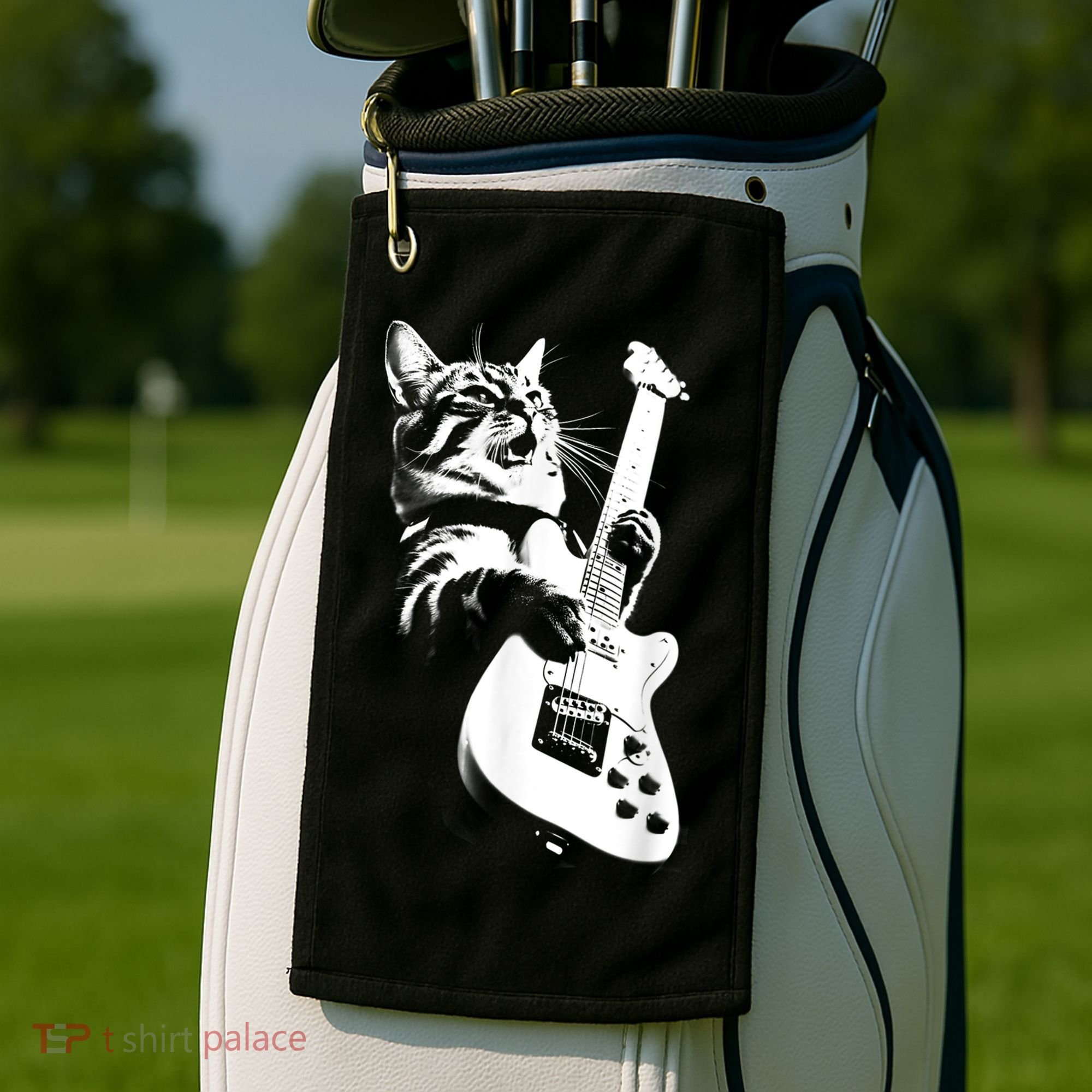Rock Cat Playing Guitar Funny Guitar Cat Golf Towel