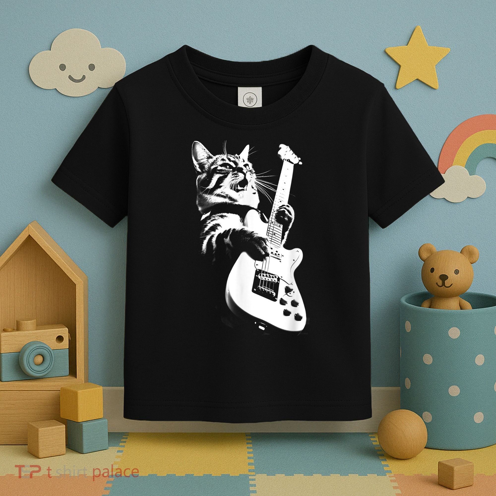 Rock Cat Playing Guitar Funny Guitar Cat Toddler T-Shirt