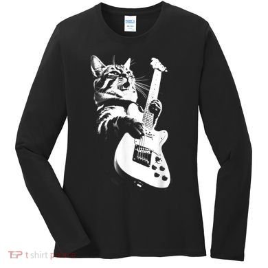 Rock Cat Playing Guitar Funny Guitar Cat Women's Long Sleeve Shirt