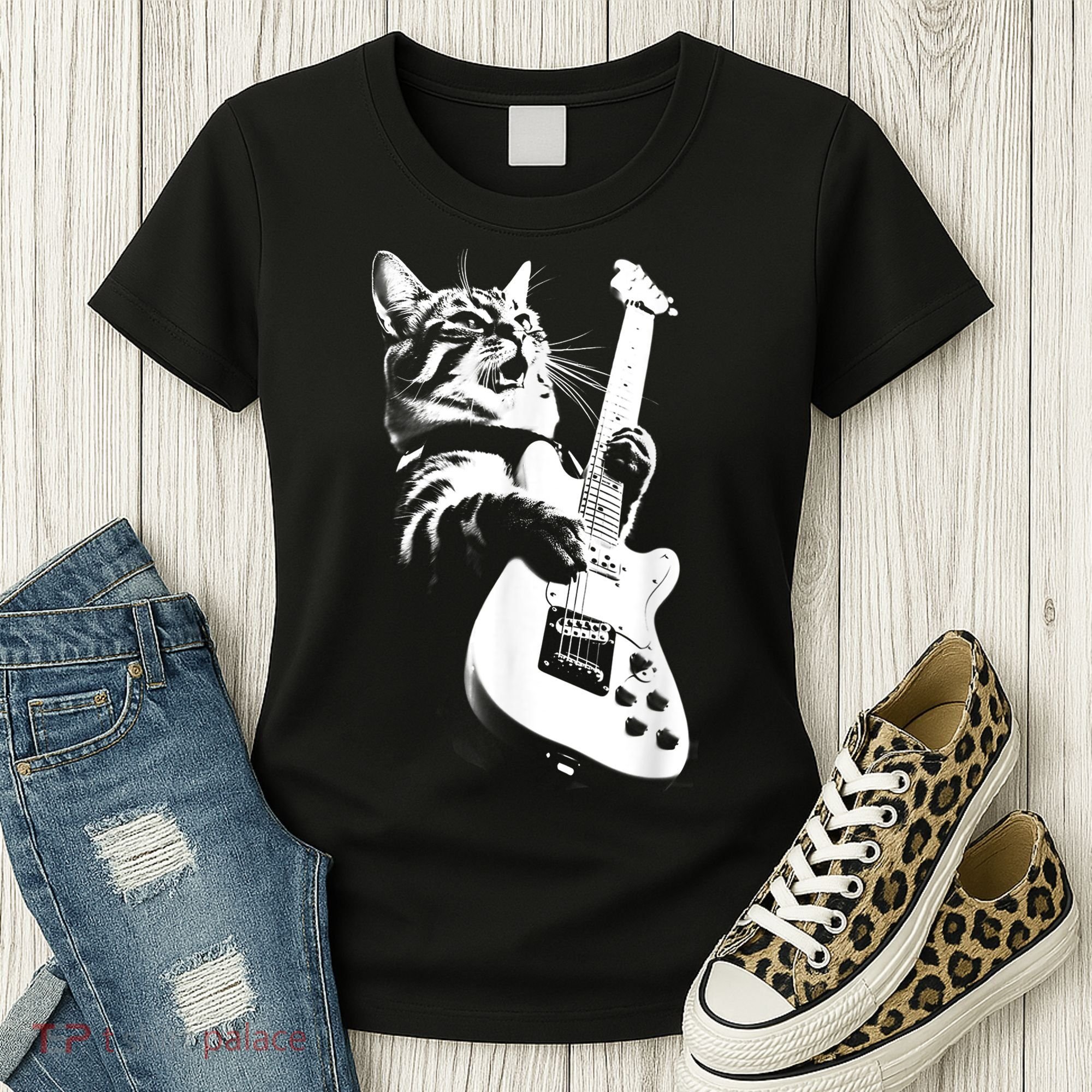 Rock Cat Playing Guitar Funny Guitar Cat Women's T-Shirt