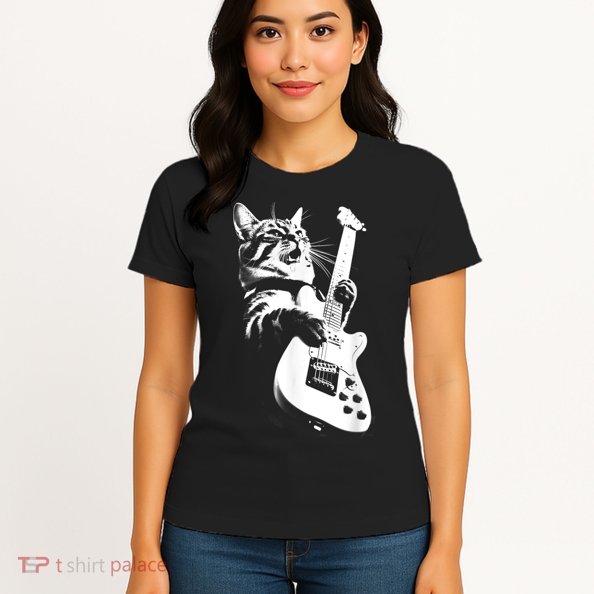Rock Cat Playing Guitar Funny Guitar Cat Women's T-Shirt