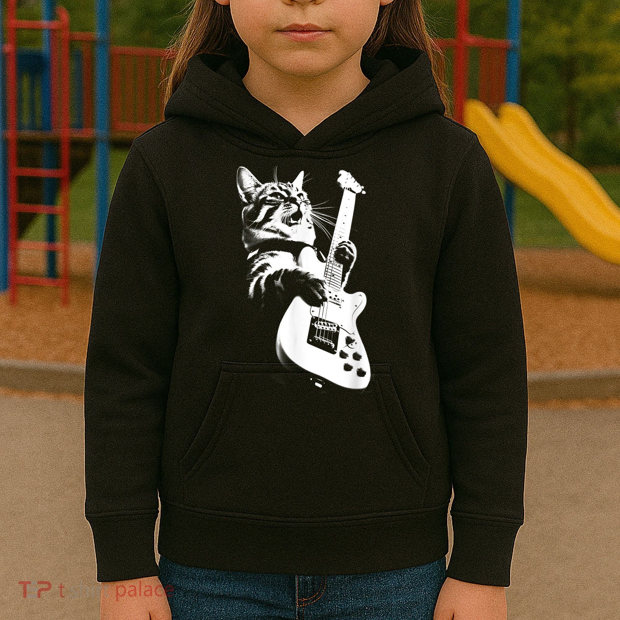 Rock Cat Playing Guitar Funny Guitar Cat Kids Hoodie