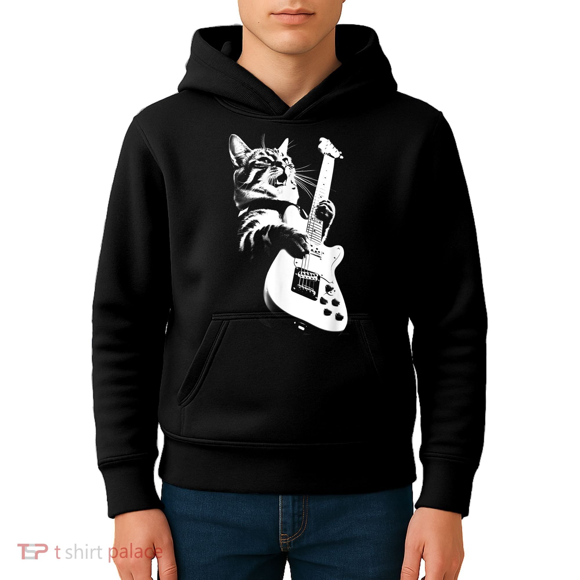 Rock Cat Playing Guitar Funny Guitar Cat Kids Hoodie