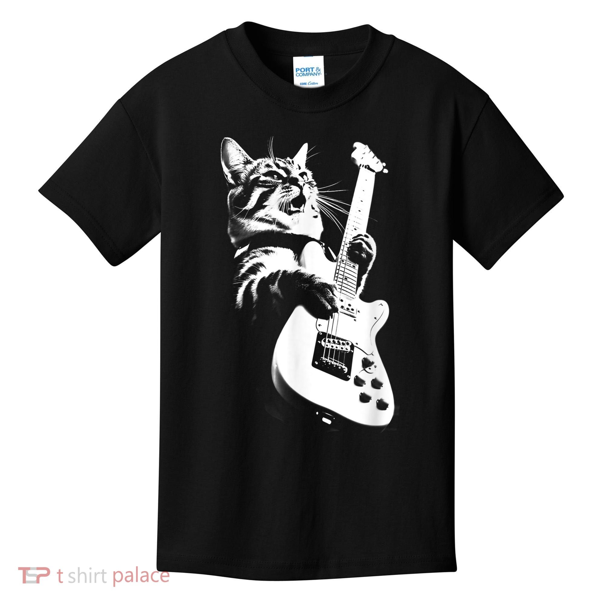 Rock Cat Playing Guitar Funny Guitar Cat Kids T-Shirt