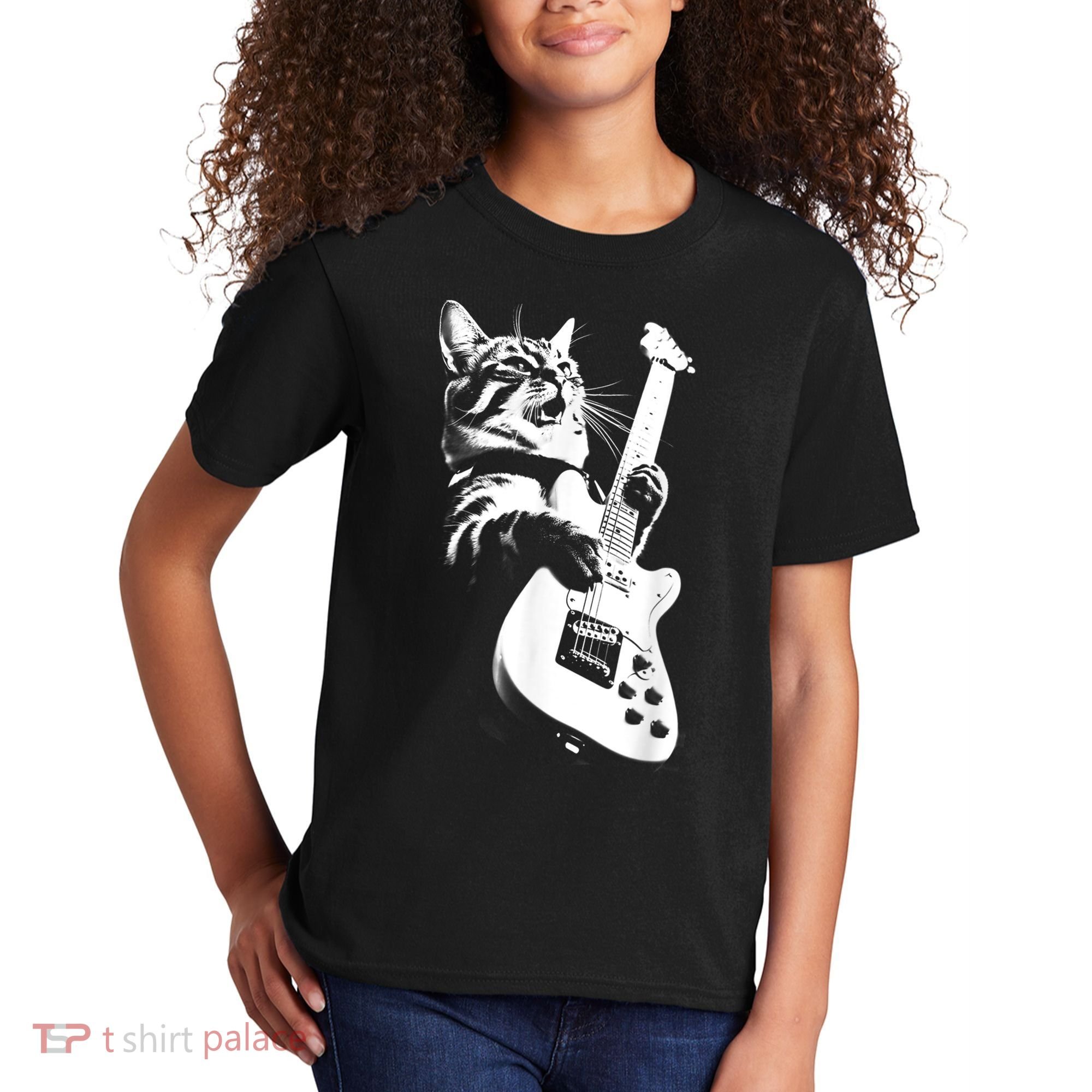 Rock Cat Playing Guitar Funny Guitar Cat Kids T-Shirt