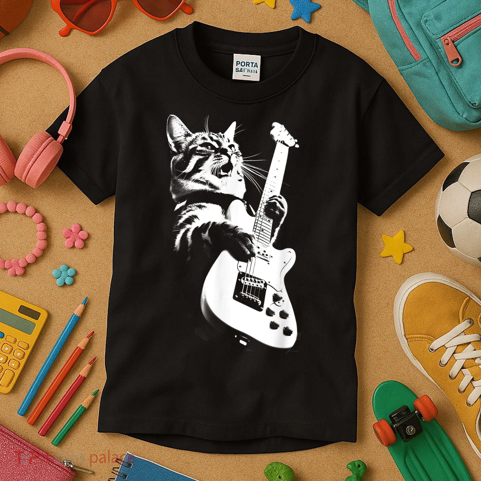 Rock Cat Playing Guitar Funny Guitar Cat Kids T-Shirt