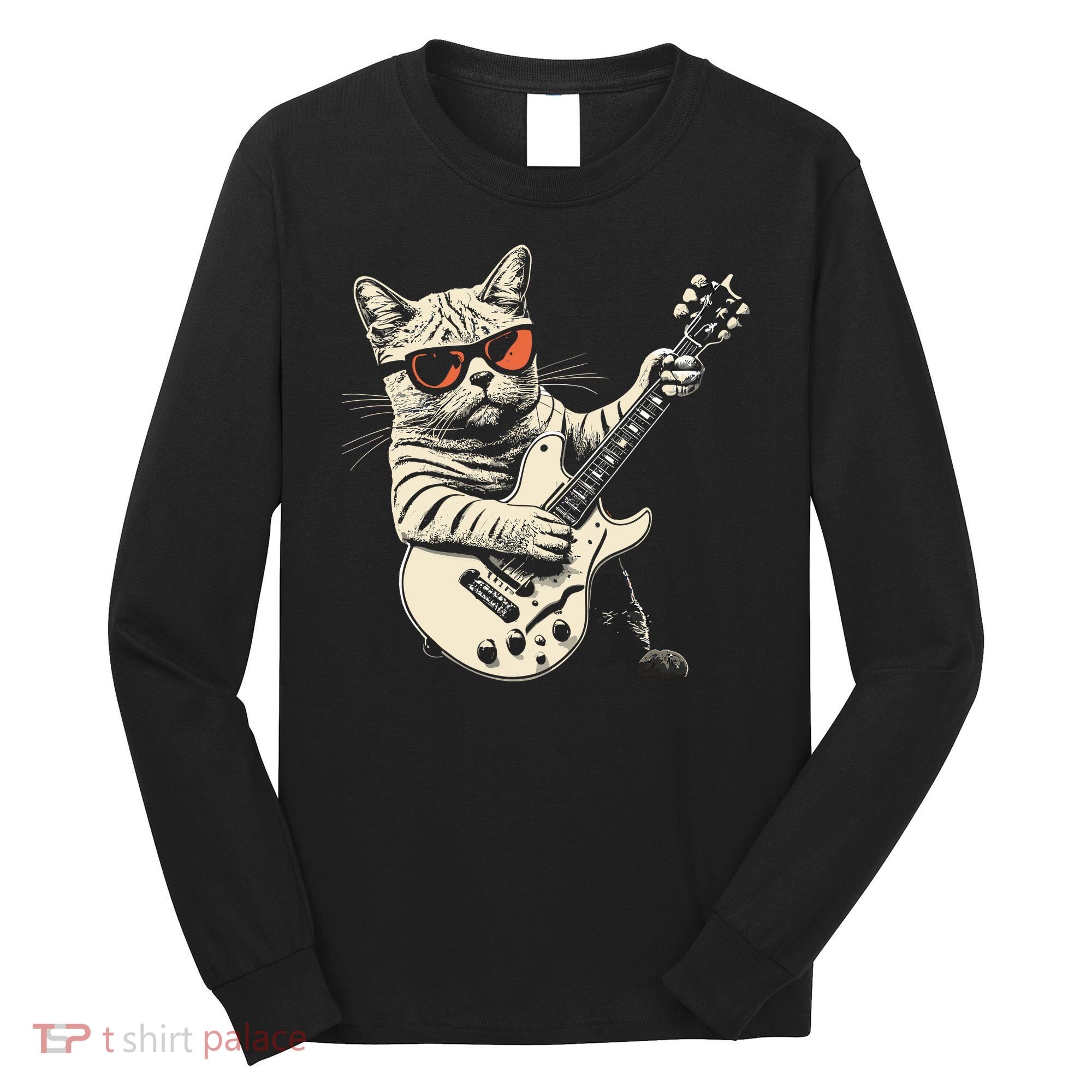 Rock Cat Playing Guitar Rock Kitty Funny Guitar Cat Long Sleeve Shirt