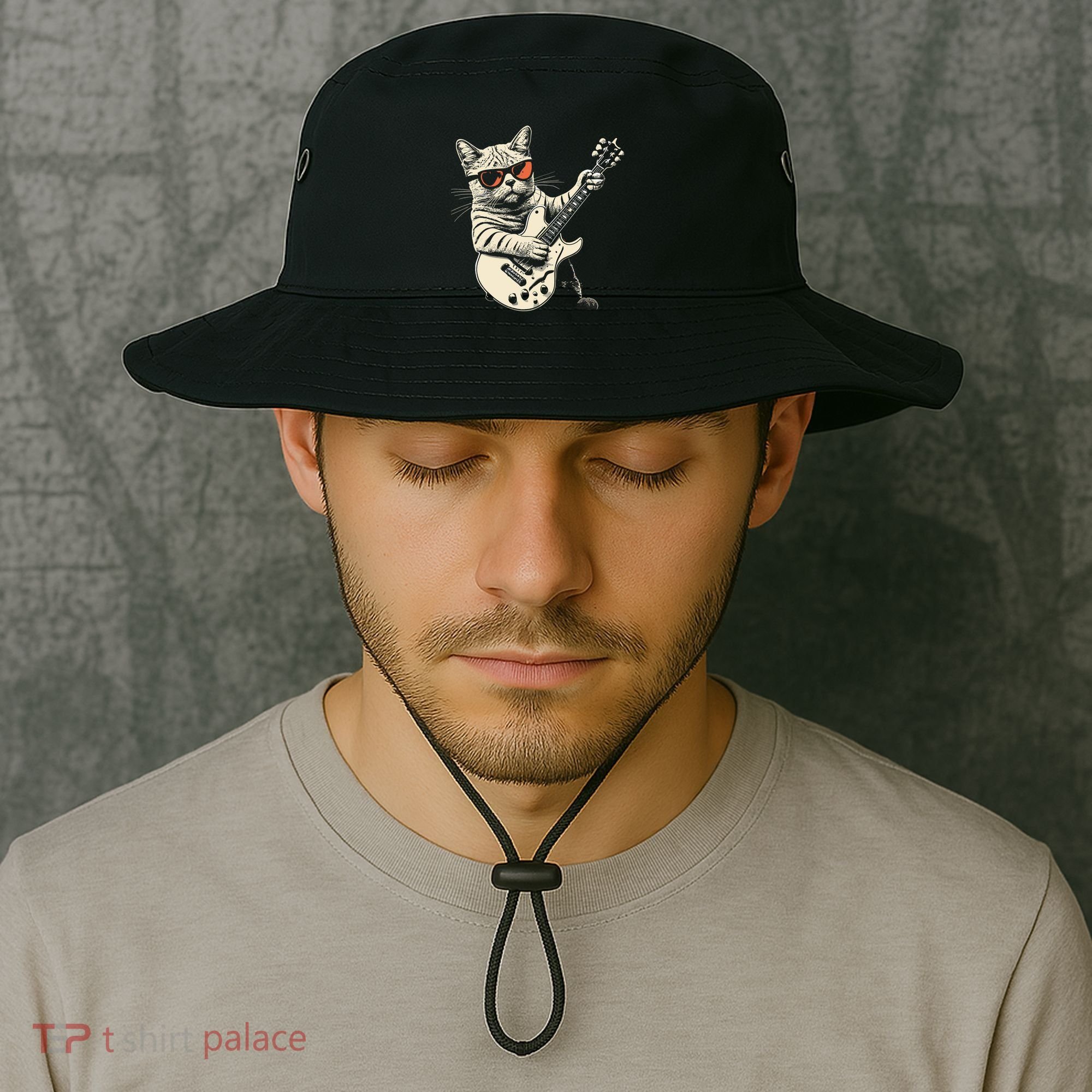 Rock Cat Playing Guitar Rock Kitty Funny Guitar Cat Bucket Hat