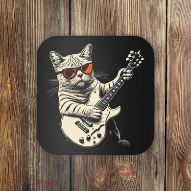 Rock Cat Playing Guitar Rock Kitty Funny Guitar Cat Coaster