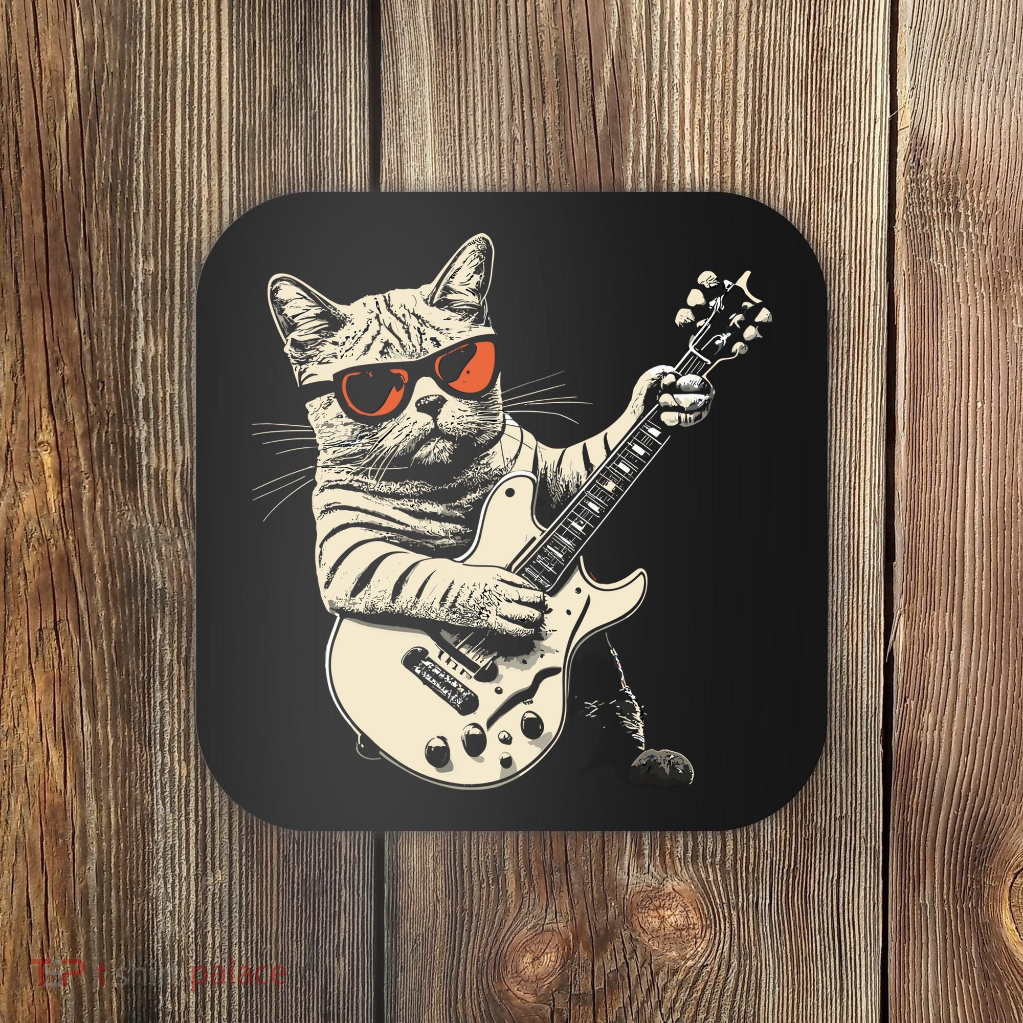 Rock Cat Playing Guitar Rock Kitty Funny Guitar Cat Coaster
