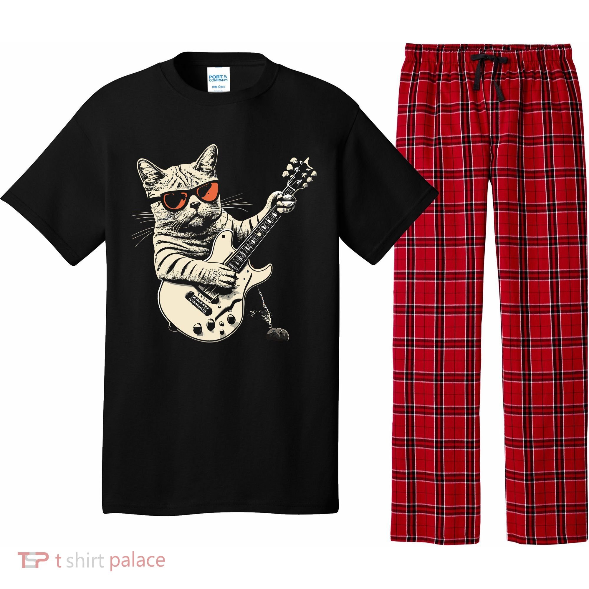 Rock Cat Playing Guitar Rock Kitty Funny Guitar Cat Pajama Set