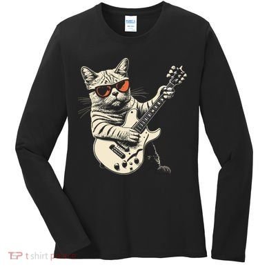 Rock Cat Playing Guitar Rock Kitty Funny Guitar Cat Women's Long Sleeve Shirt