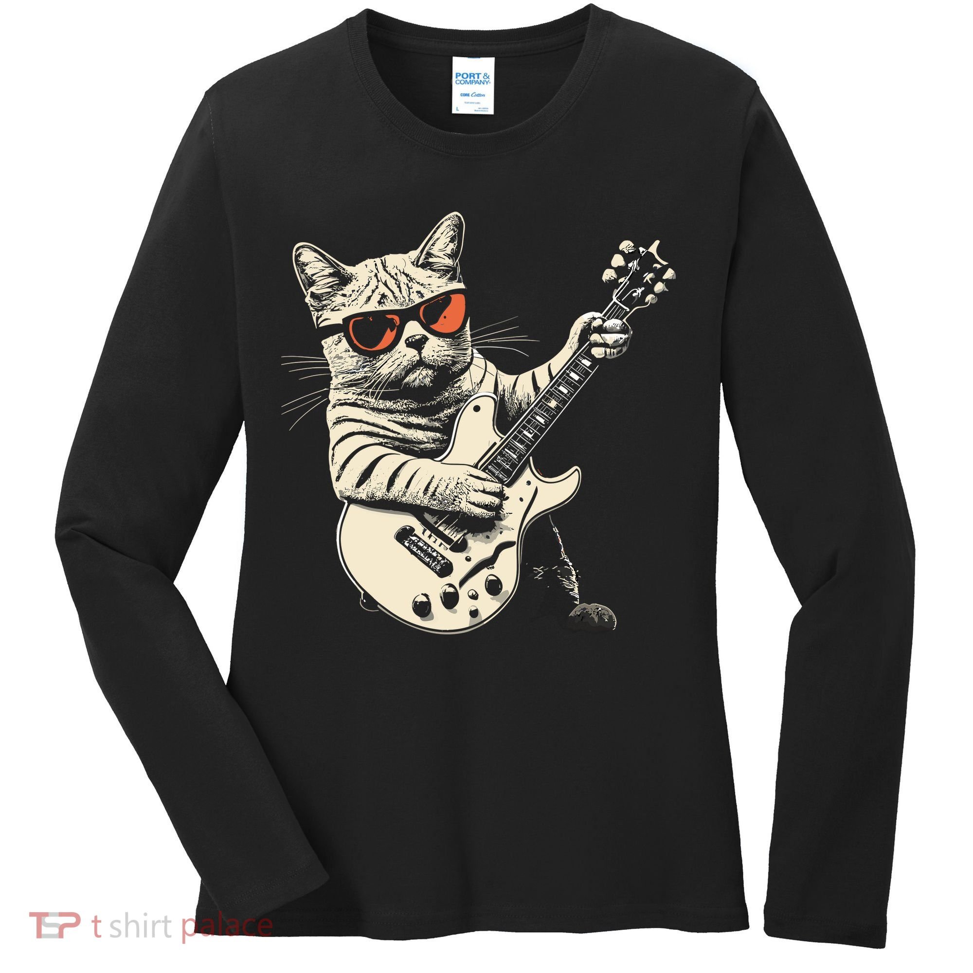Rock Cat Playing Guitar Rock Kitty Funny Guitar Cat Women's Long Sleeve Shirt