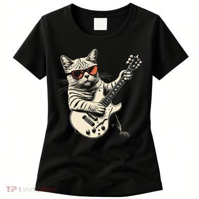 Rock Cat Playing Guitar Rock Kitty Funny Guitar Cat Women's T-Shirt
