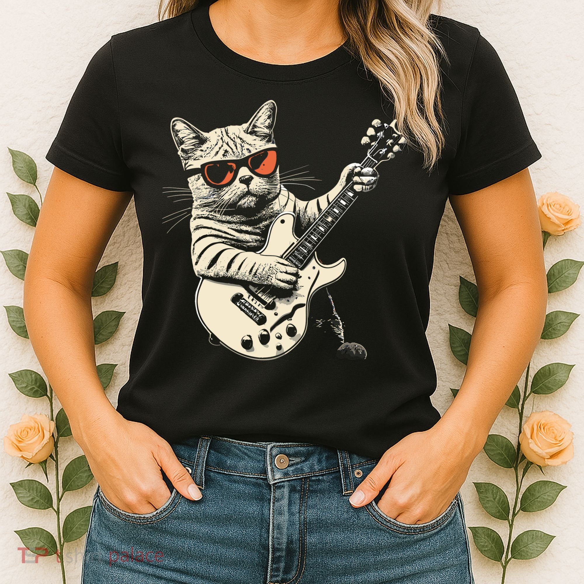 Rock Cat Playing Guitar Rock Kitty Funny Guitar Cat Women's T-Shirt