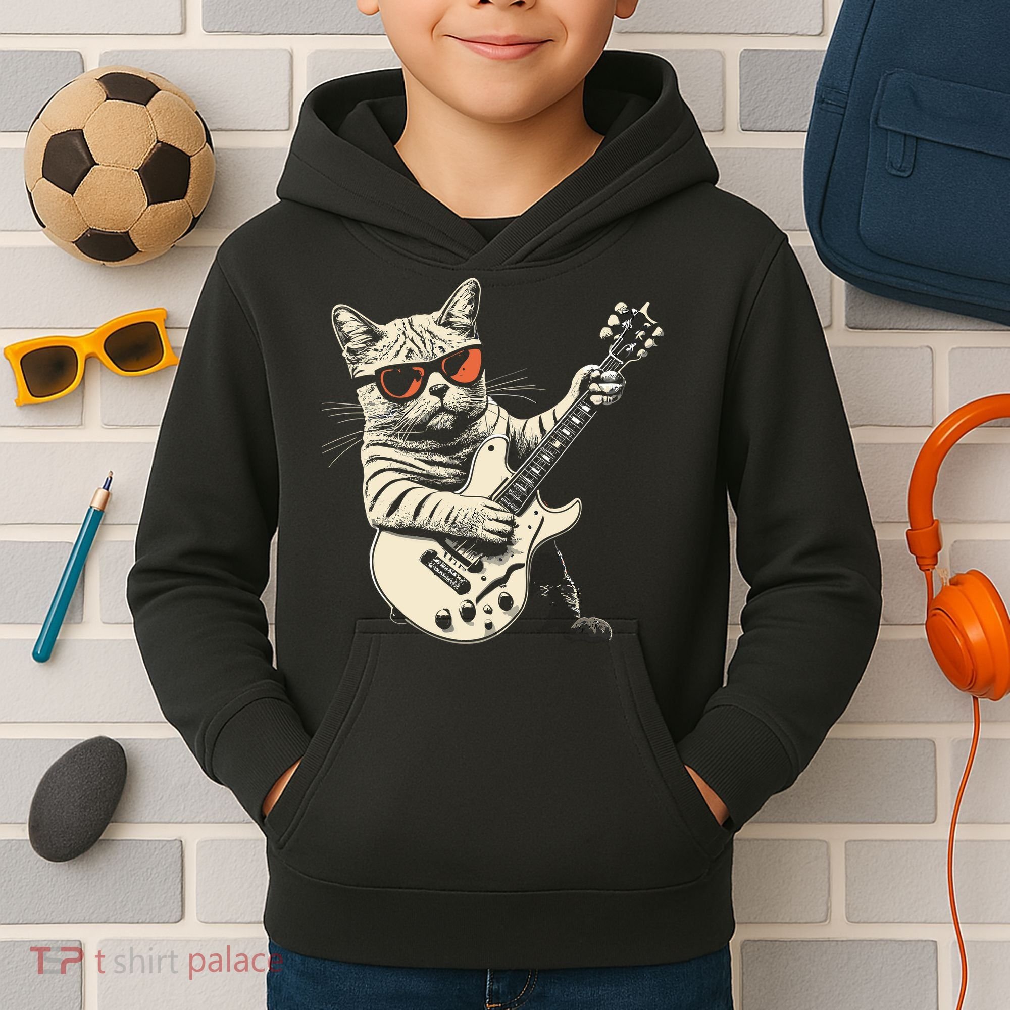Rock Cat Playing Guitar Rock Kitty Funny Guitar Cat Kids Hoodie
