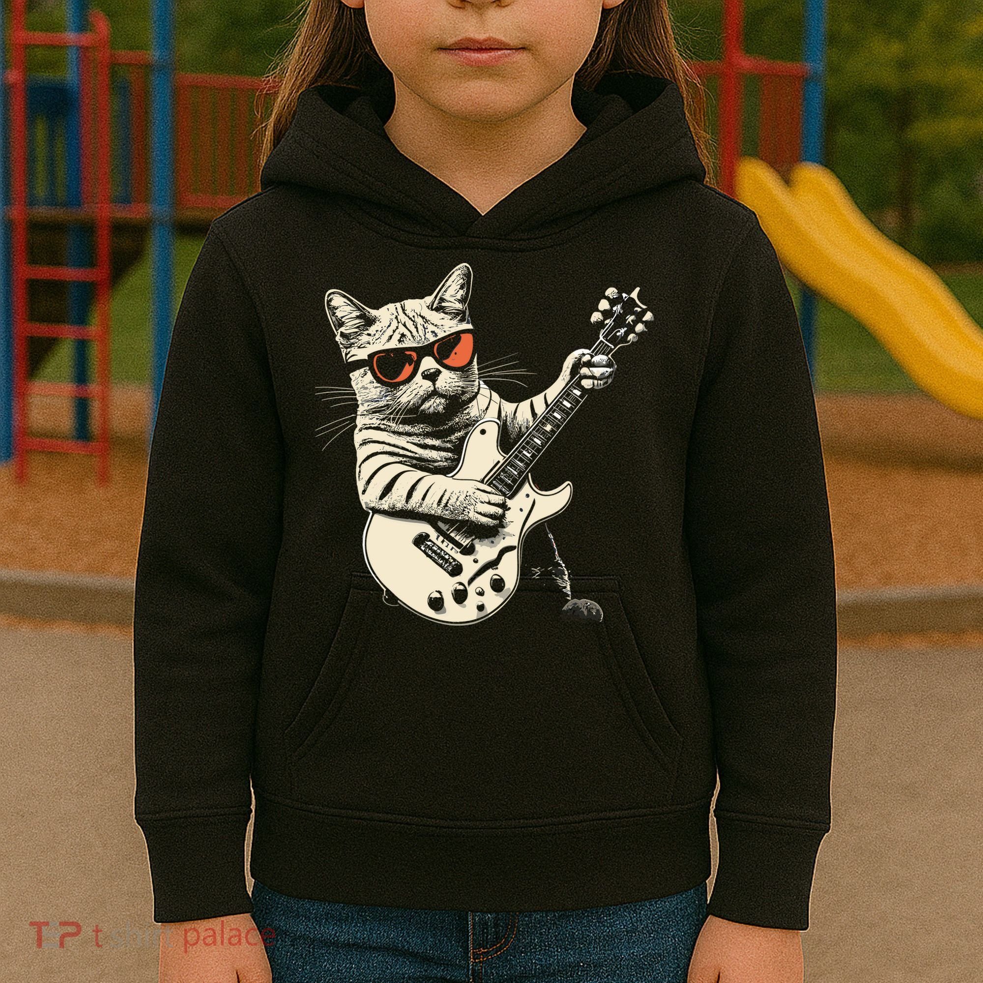 Rock Cat Playing Guitar Rock Kitty Funny Guitar Cat Kids Hoodie
