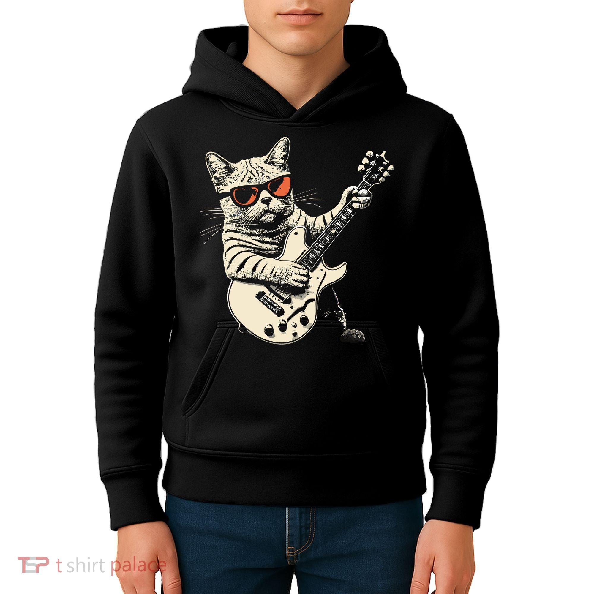 Rock Cat Playing Guitar Rock Kitty Funny Guitar Cat Kids Hoodie