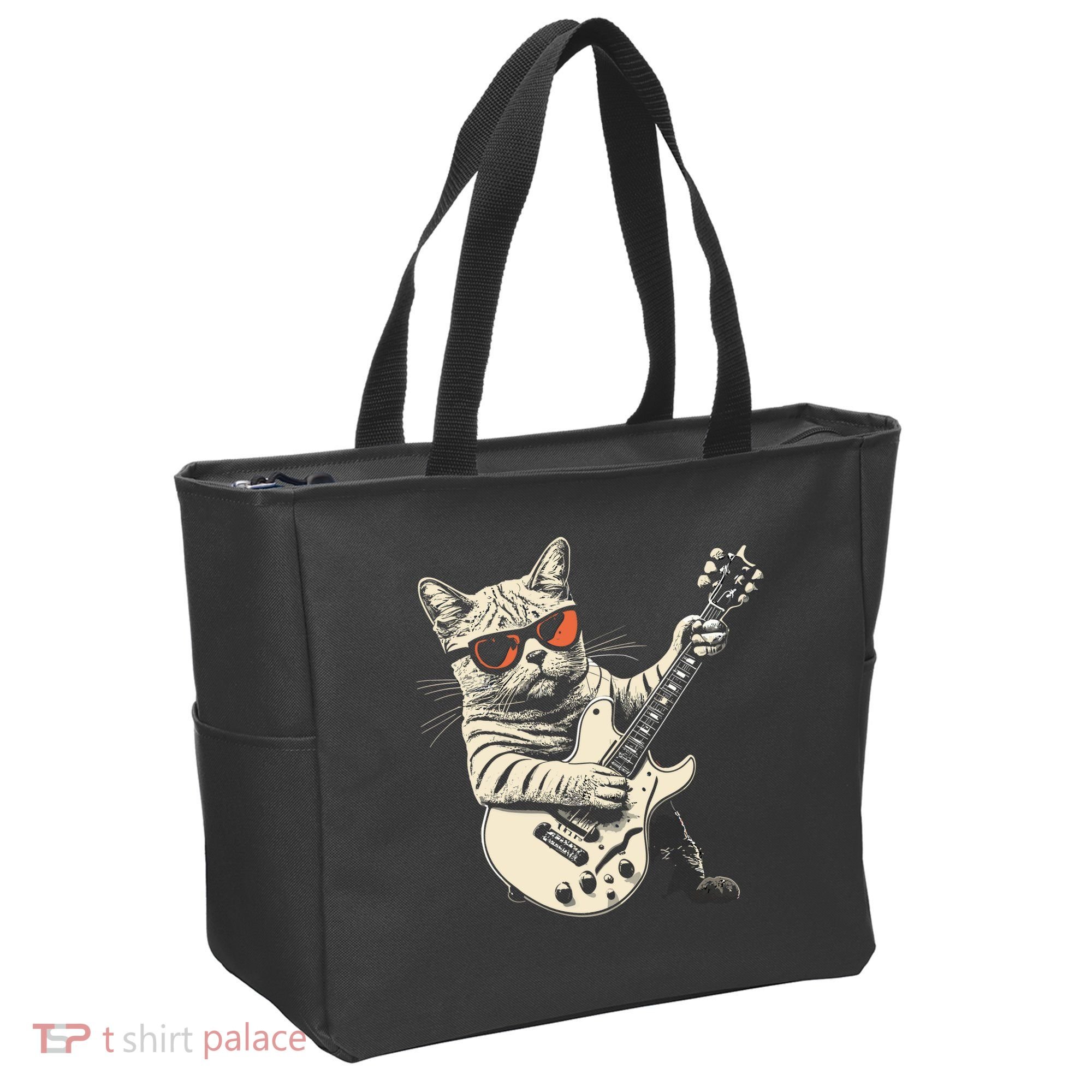 Rock Cat Playing Guitar Rock Kitty Funny Guitar Cat Tote Bag