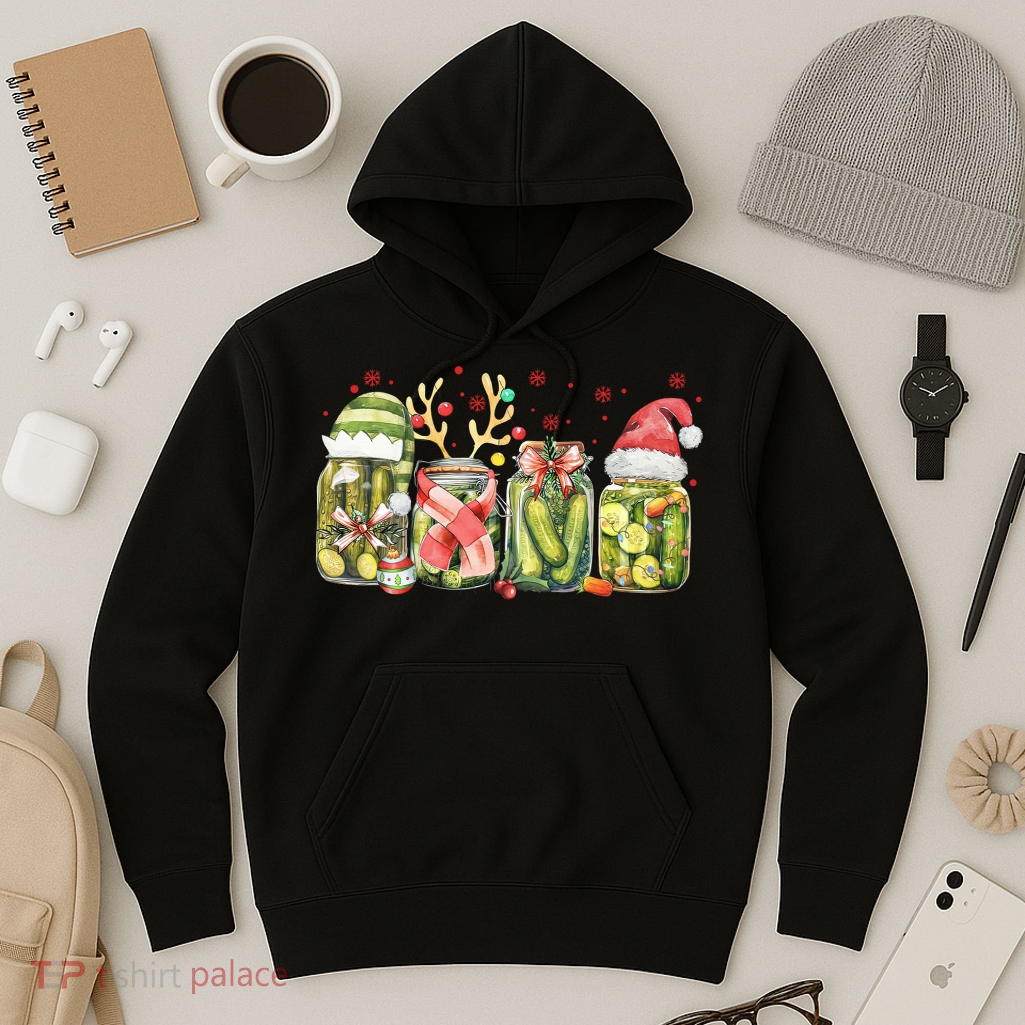 Retro Canned Pickle Christmas Light Xmas Pajama Pickle Lover Hoodie