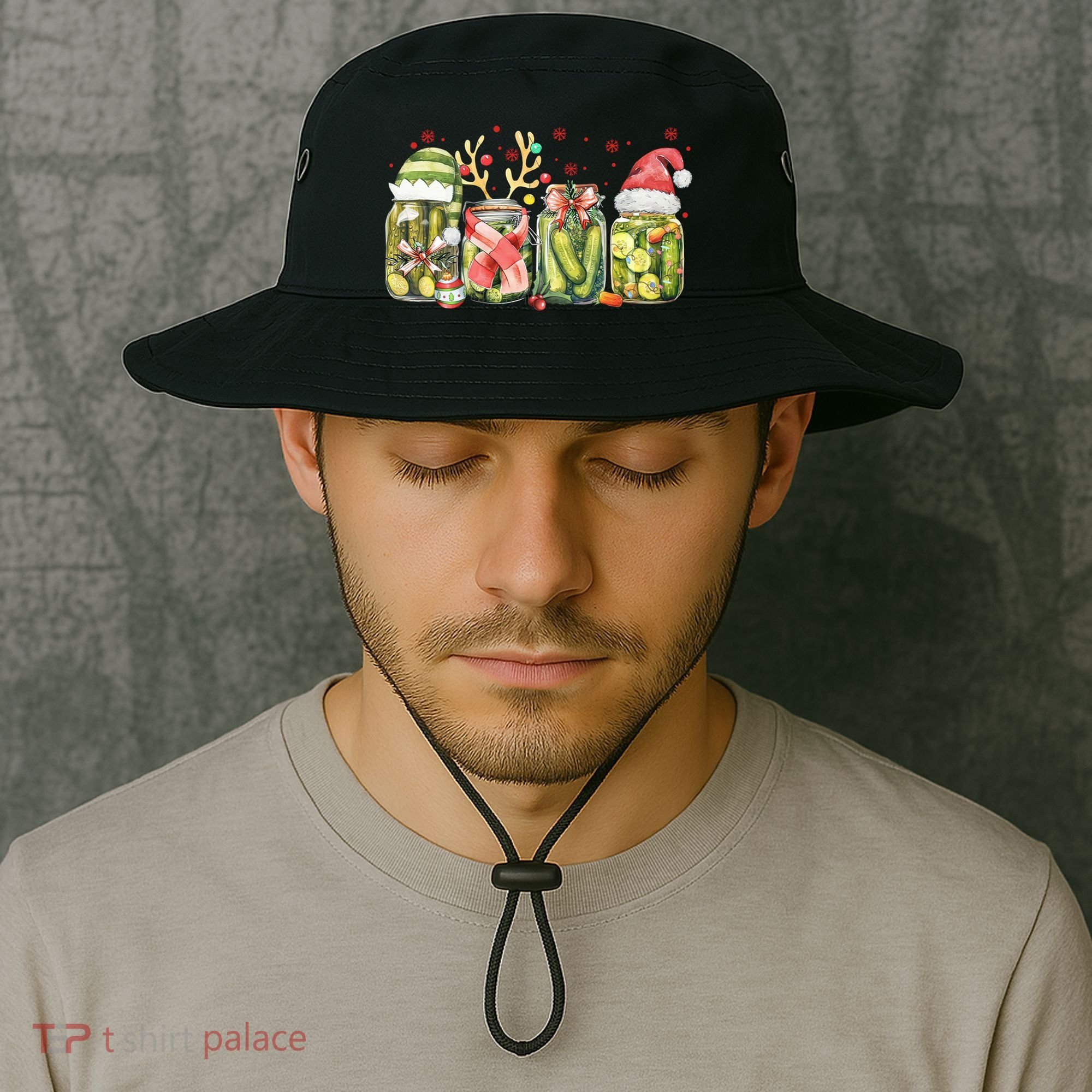 Retro Canned Pickle Christmas Light Xmas Pajama Pickle Lover Bucket Hat