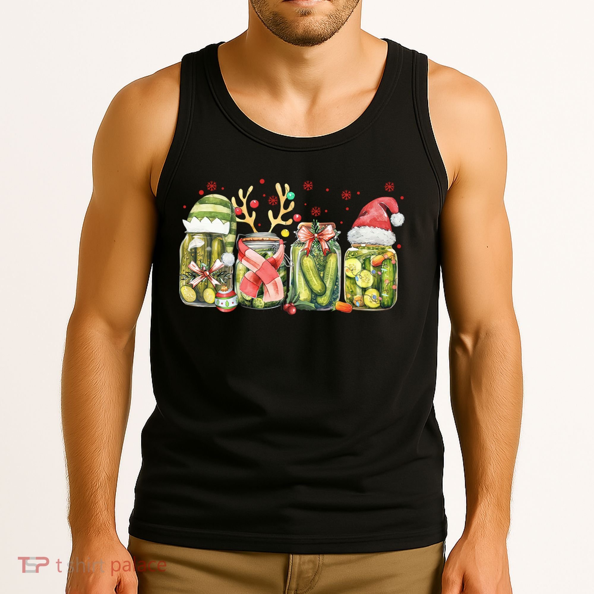 Retro Canned Pickle Christmas Light Xmas Pajama Pickle Lover Tank Top
