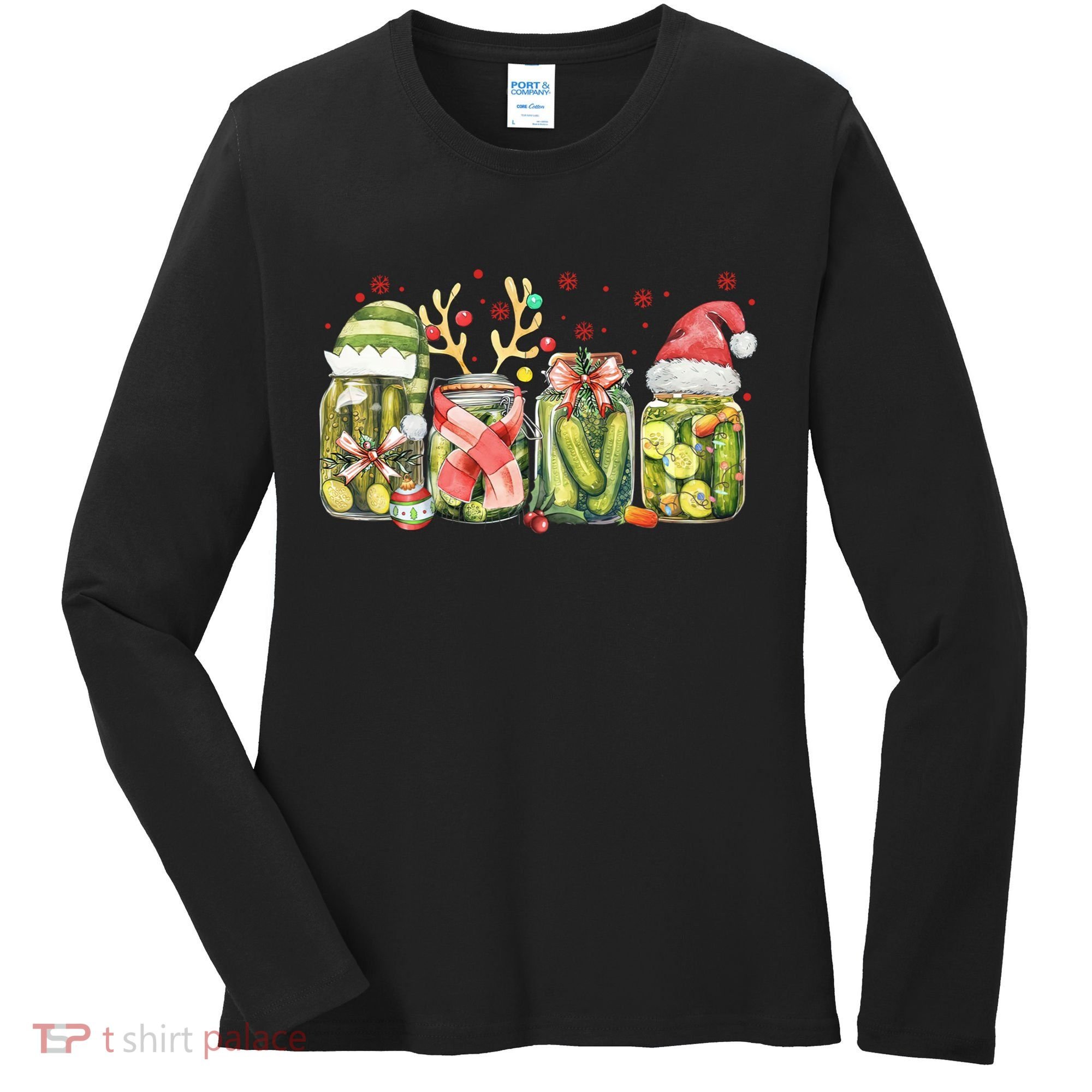 Retro Canned Pickle Christmas Light Xmas Pajama Pickle Lover Women's Long Sleeve Shirt