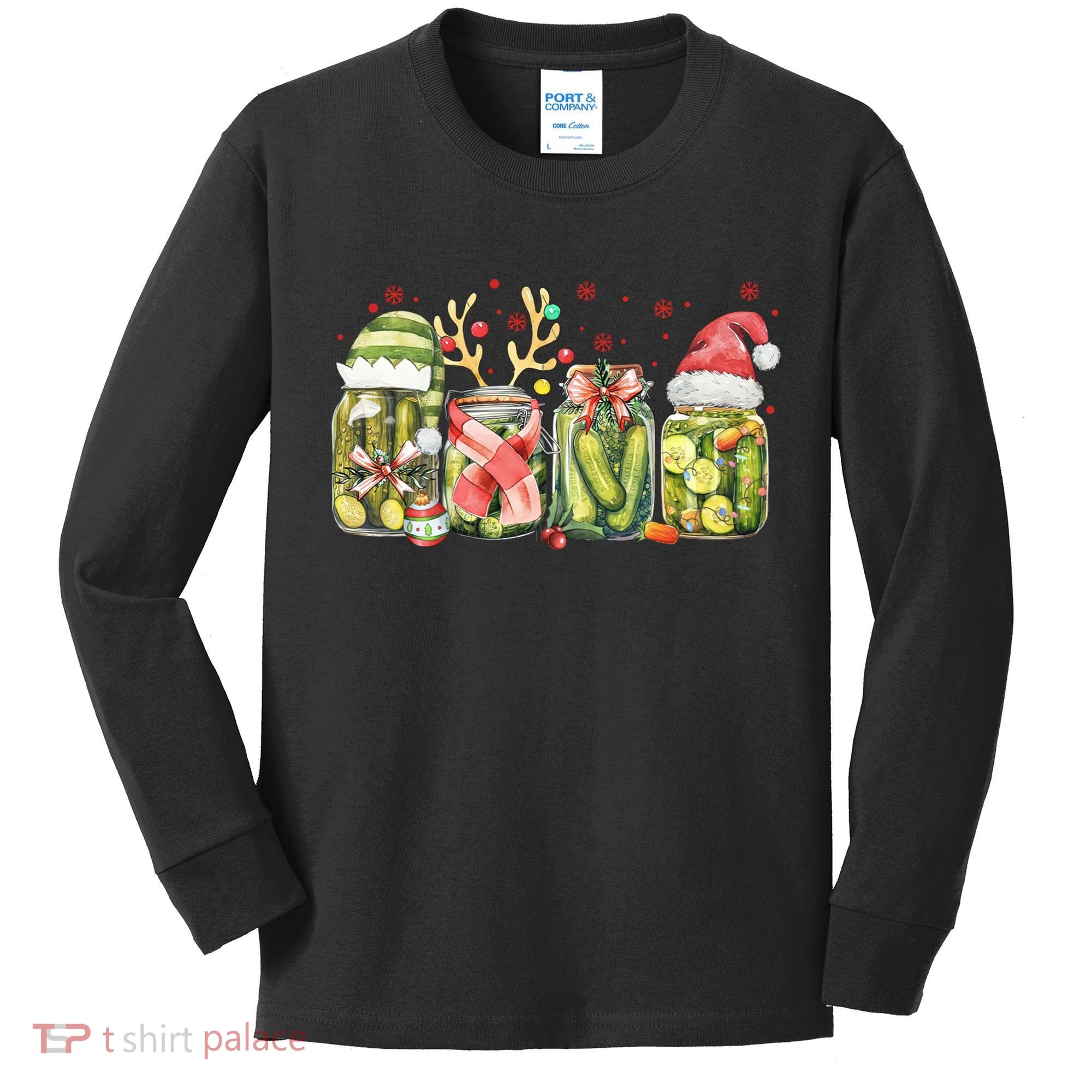 Retro Canned Pickle Christmas Light Xmas Pajama Pickle Lover Kids Long Sleeve Shirt