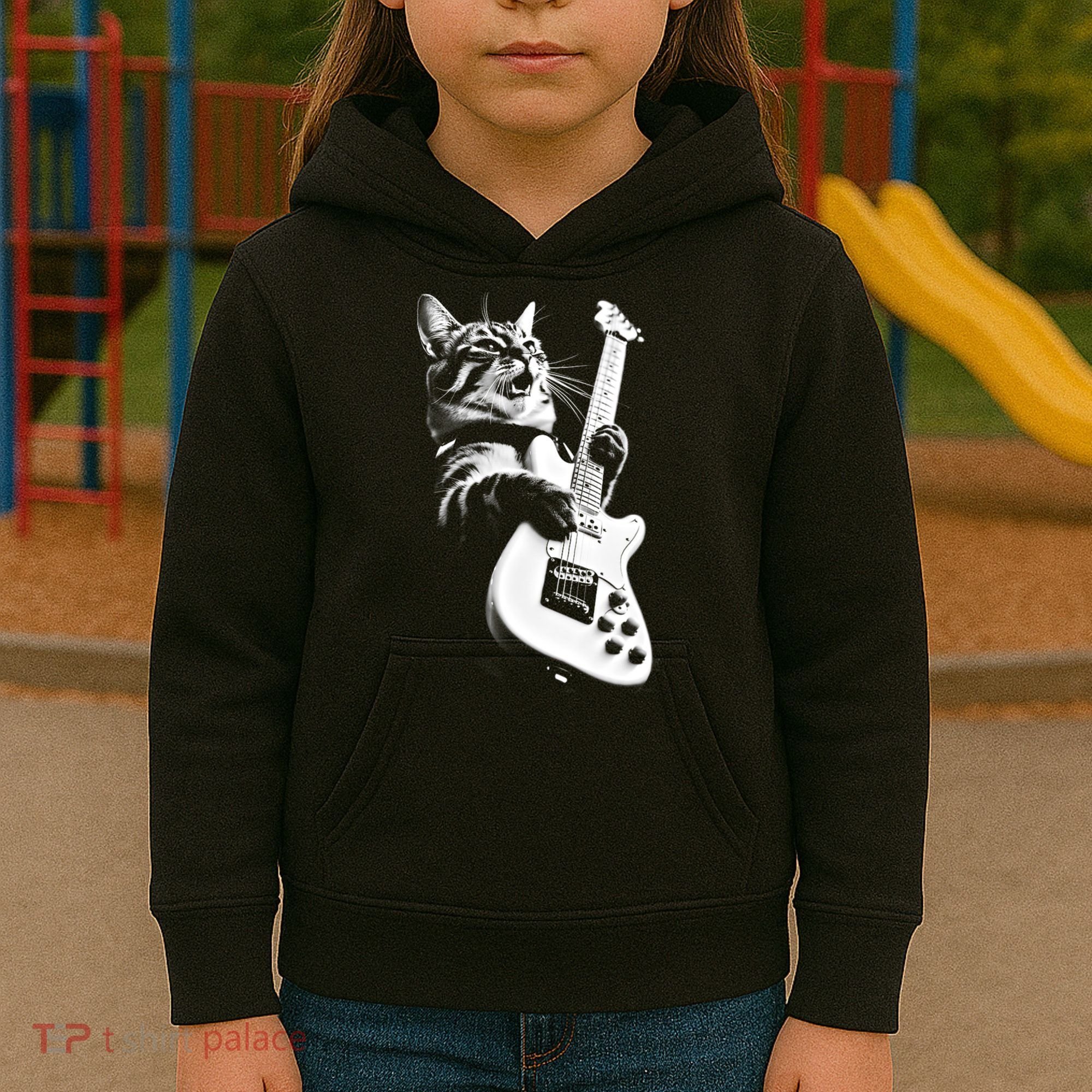 Rock Cat Playing Guitar Kids Hoodie