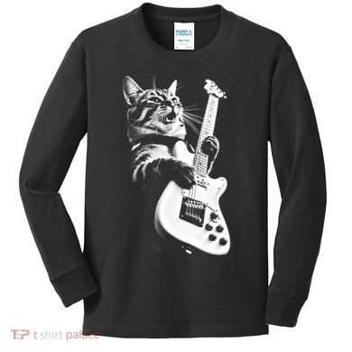 Rock Cat Playing Guitar Kids Long Sleeve Shirt