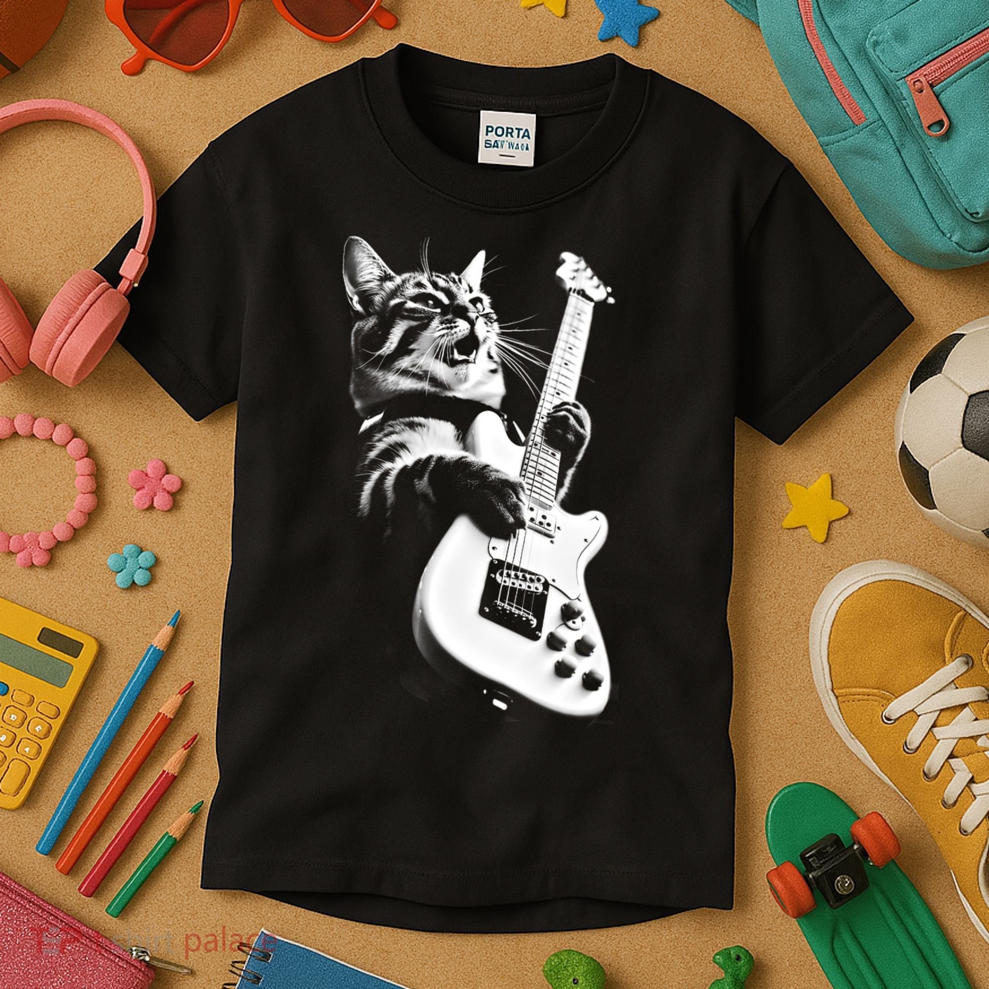 Rock Cat Playing Guitar Kids T-Shirt