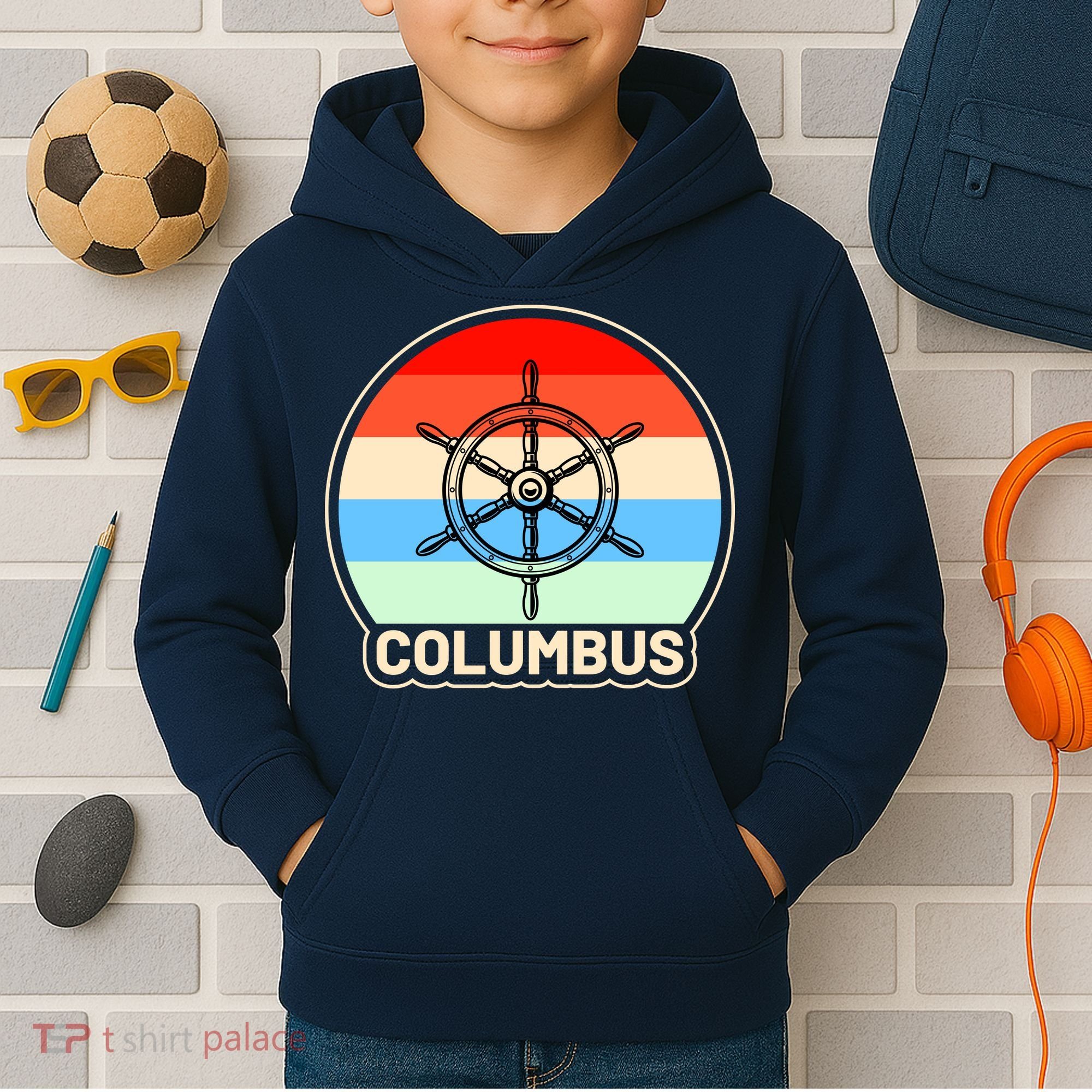 Retro Columbus Ship Wheel Kids Hoodie