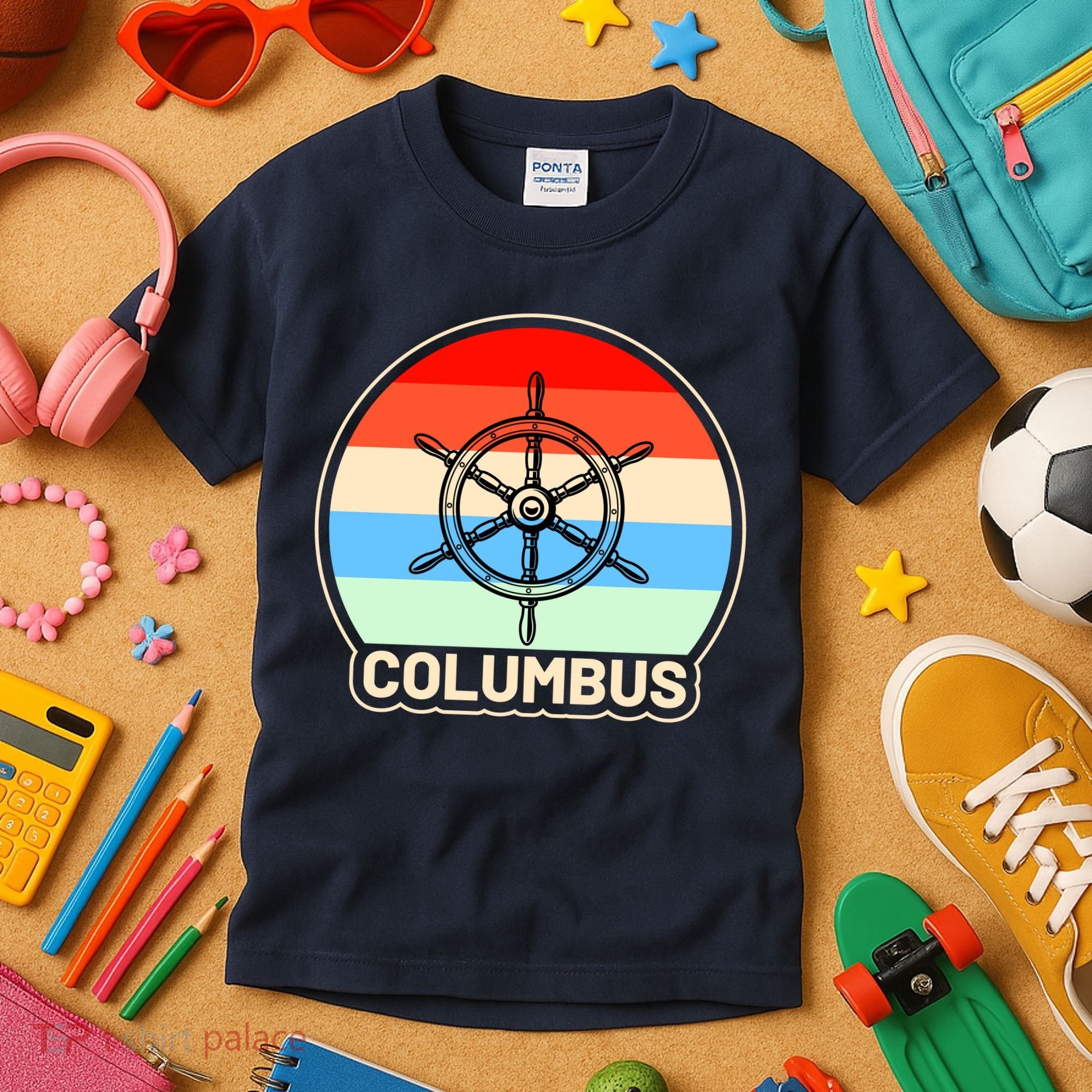 Retro Columbus Ship Wheel Kids T-Shirt