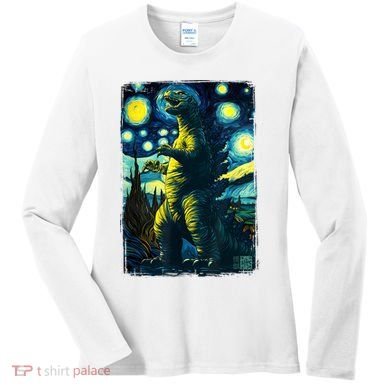 Retro Classic Starry Night Legendary Japanese Kaiju Women's Long Sleeve Shirt
