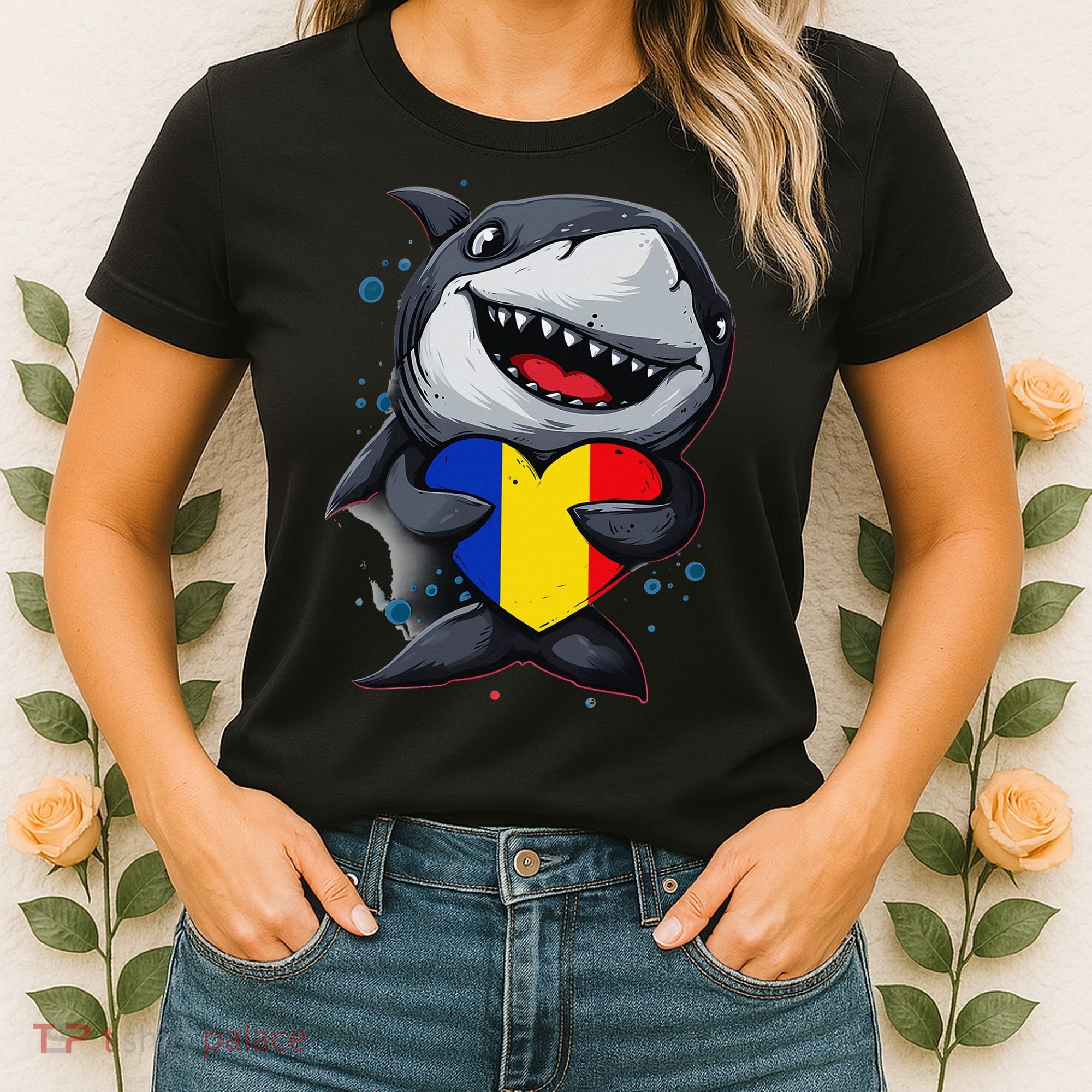 Romania Cute Shark Heart Romanian Flag Romanian Roots Women's T-Shirt