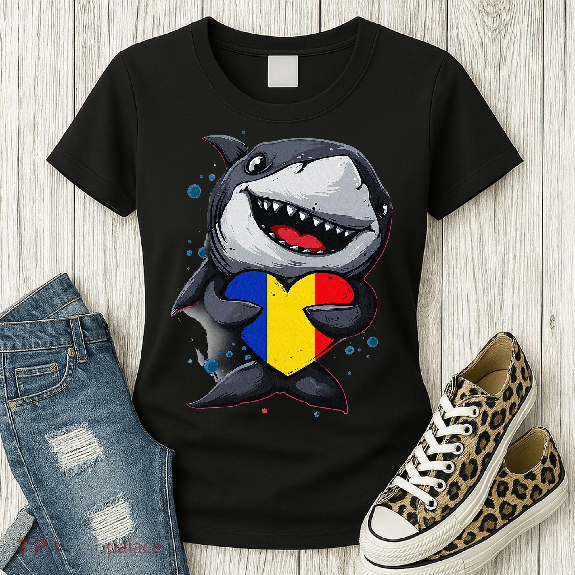 Romania Cute Shark Heart Romanian Flag Romanian Roots Women's T-Shirt