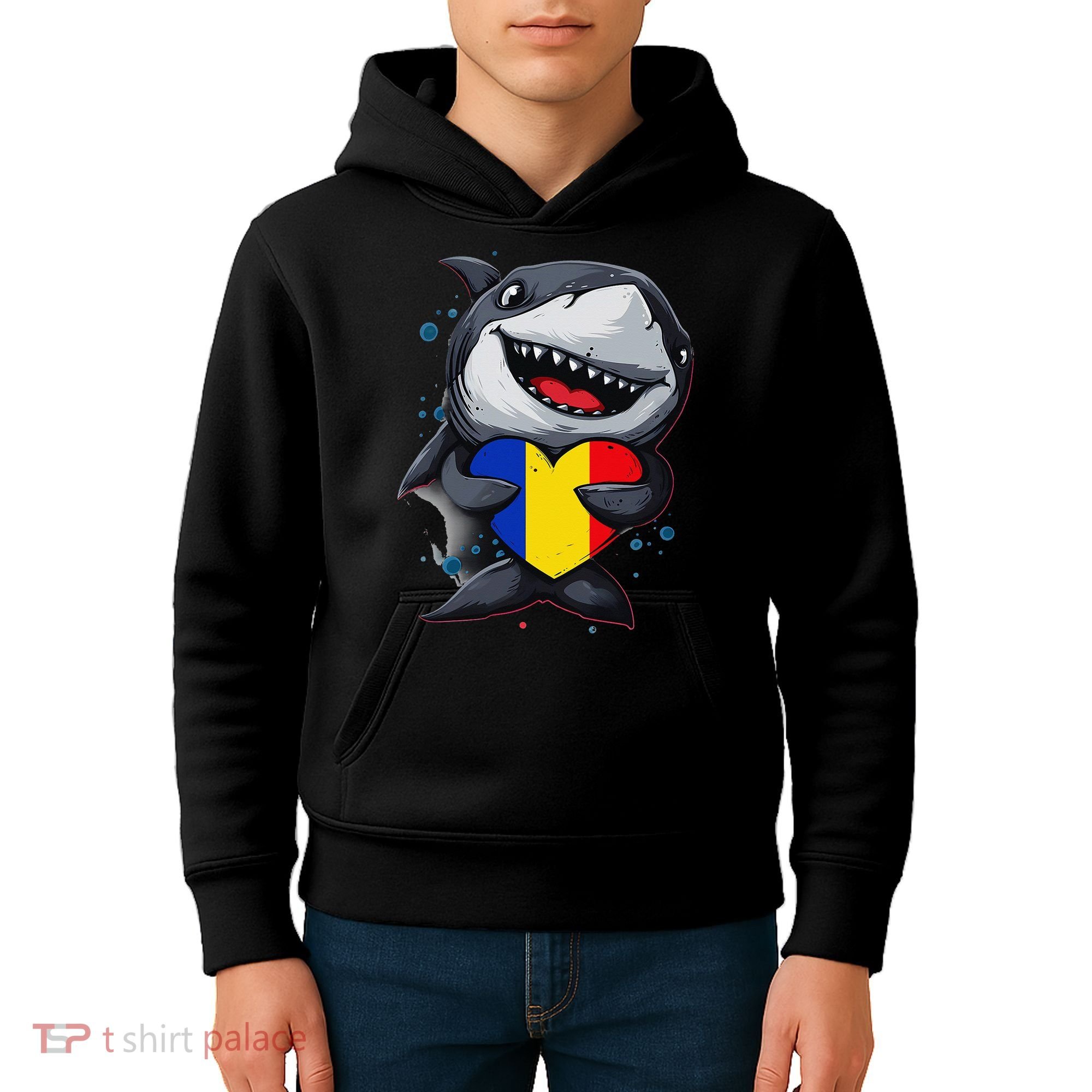 Romania Cute Shark Heart Romanian Flag Romanian Roots Kids Hoodie