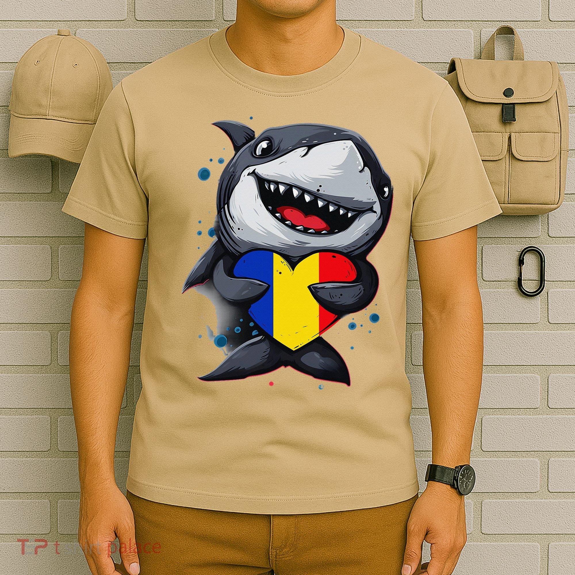 Romania Cute Shark Heart Romanian Flag Romanian Roots T-Shirt