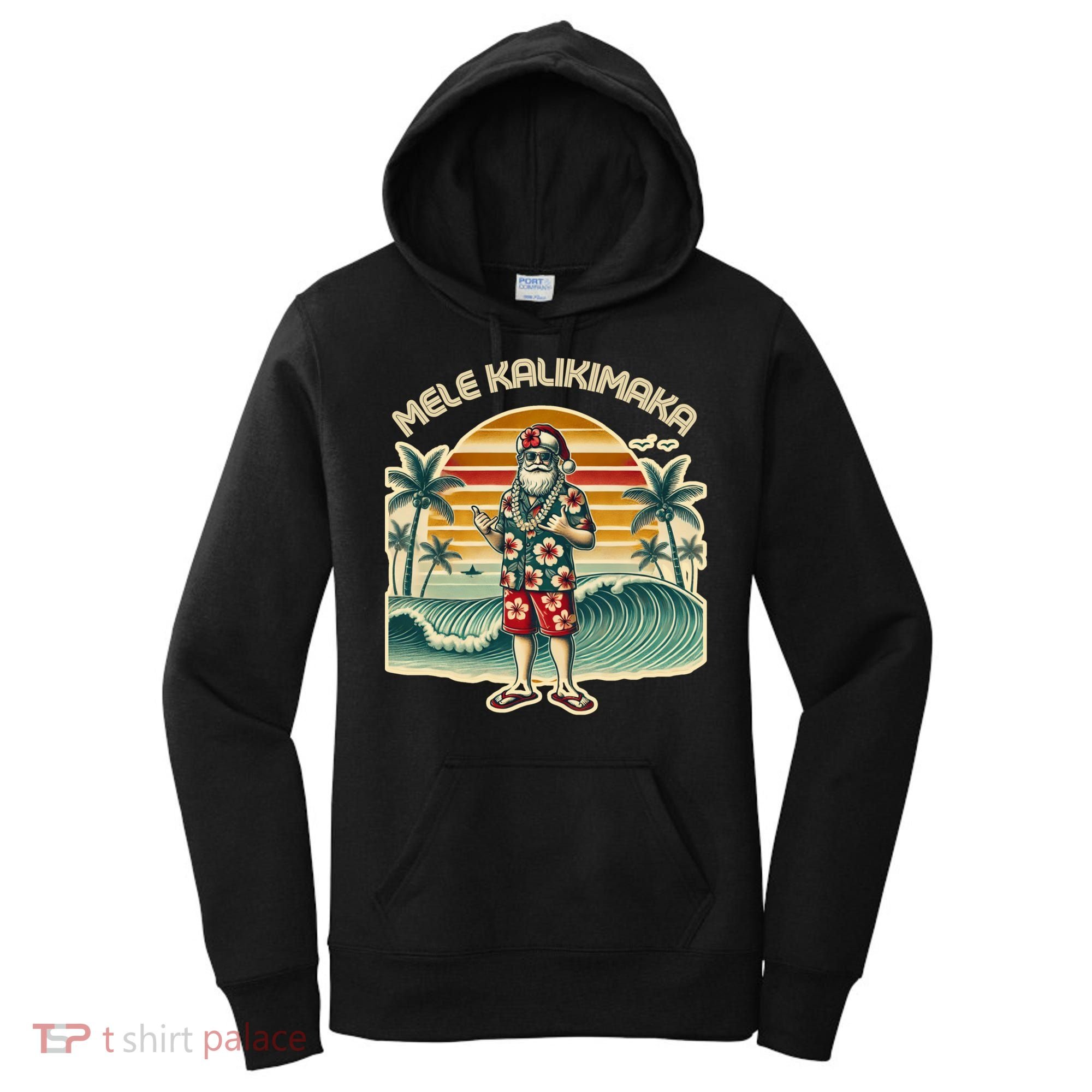 Retro Christmas Surf Mele Kalikimaka Santa Shaka Hawaii Gift Women's Hoodie